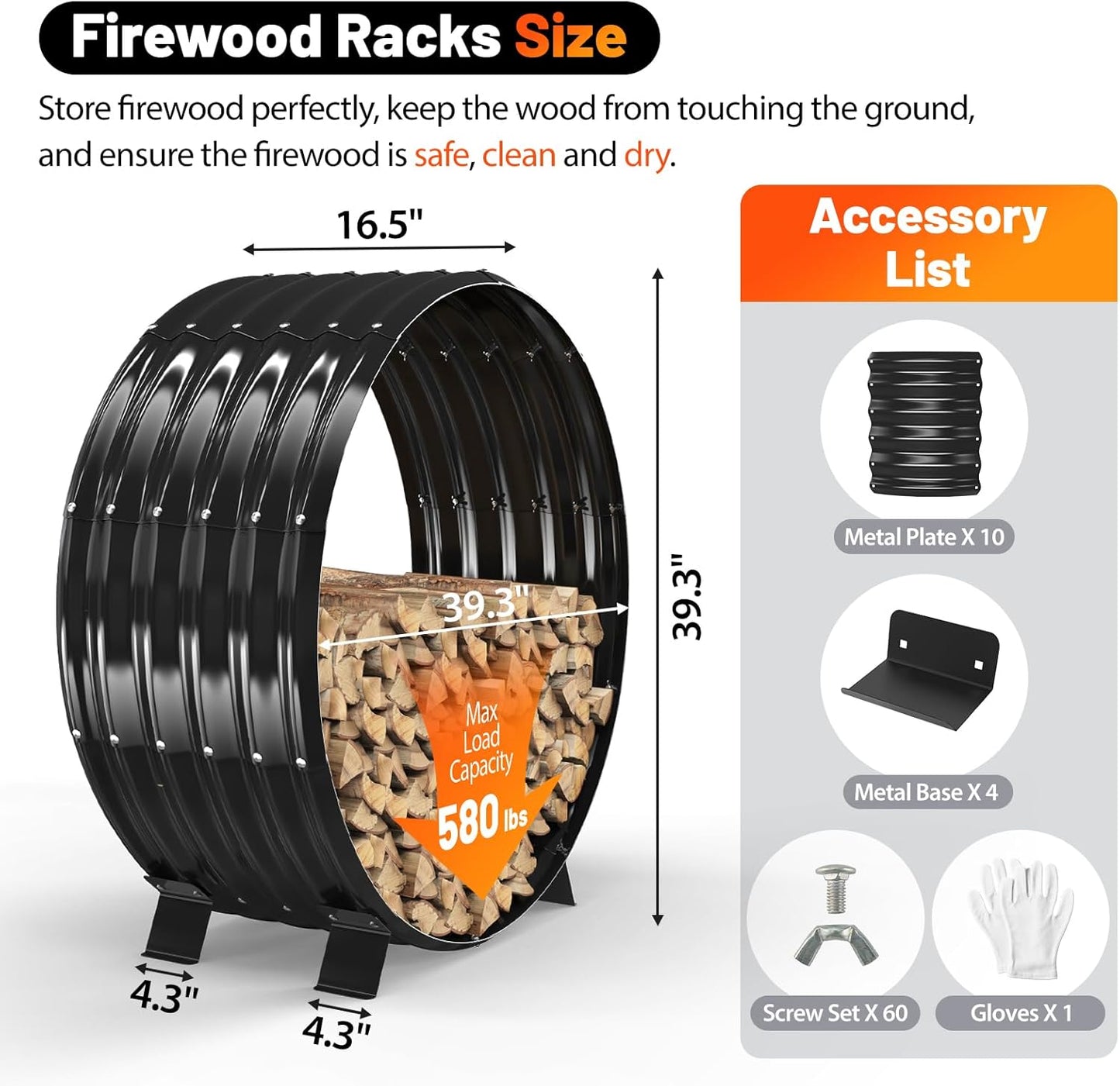 Round Metal Sheet Firewood Rack by Fireplace Indoor/Beside Fire Pit Outdoor-with Metal Legs,Rustproof,Durable & Stylish Firewood Holder (Circle, 40 inches diameter)