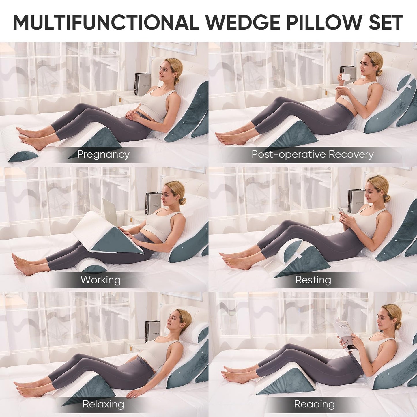4 PCS Wedge Pillow Set for After Surgery, Memory Foam Orthopedic Bed Wedge Pillow Set, Adjustable Bed for Sleeping, Acid Reflux Relief, Post Surgery Recovery, Back Support, Leg Elevation, DarkGery