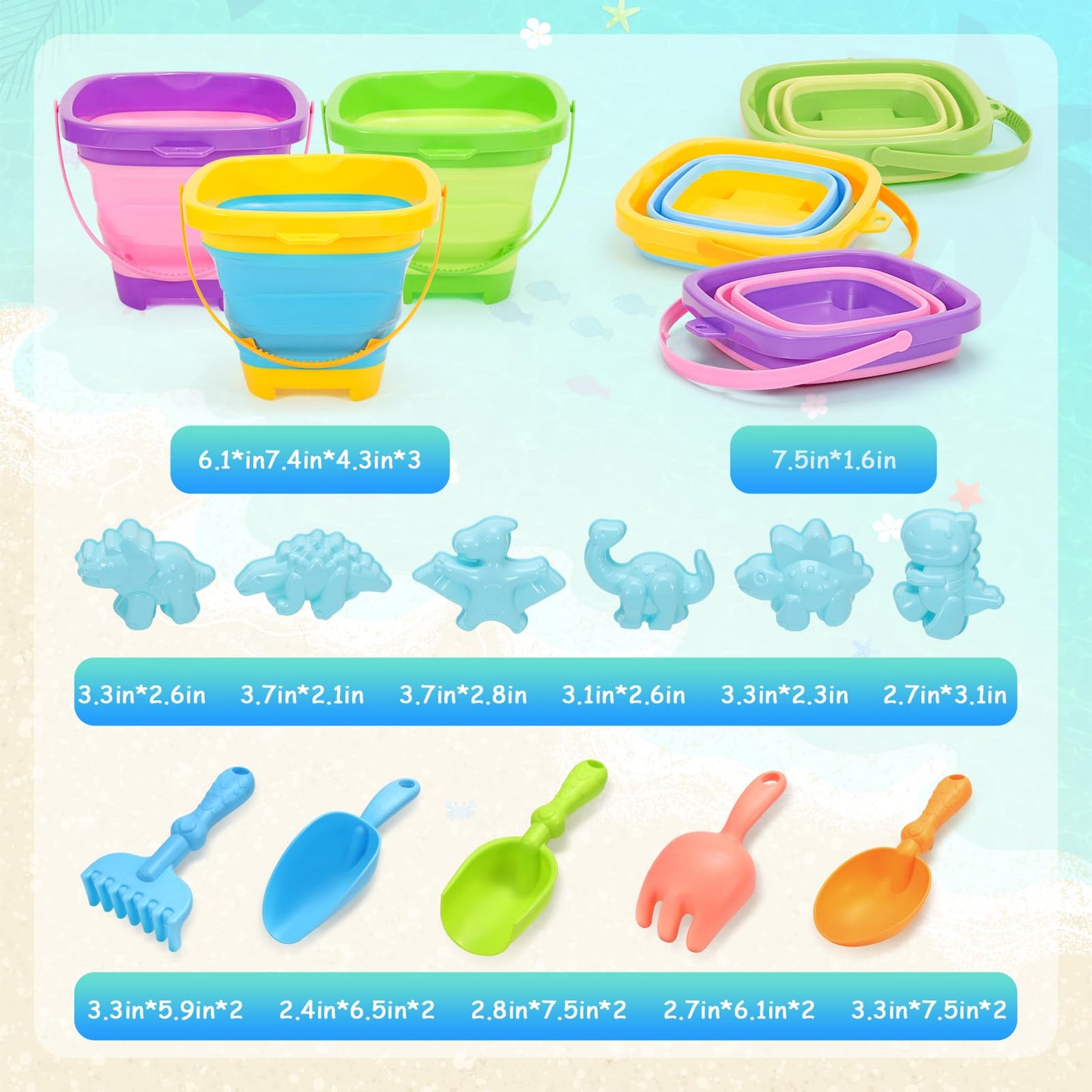 NINAOR Beach Toys for Kids,19 Pcs Collapsible Sand Toys Bucket Tools for Sandbox Camping Travel Foldable Bucket Outdoor Toys