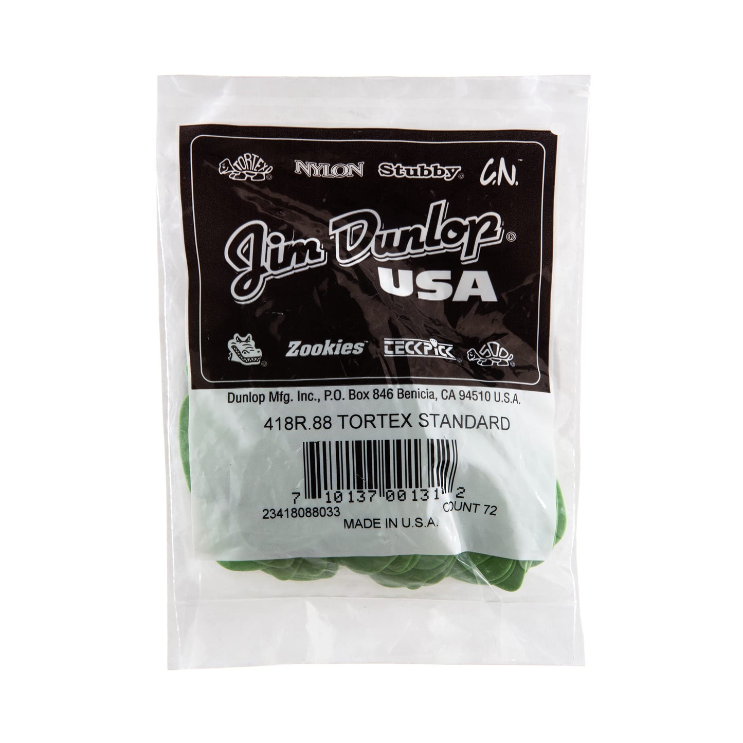 Jim Dunlop Standard Tortex Picks, 72 Pack, Green, .88mm