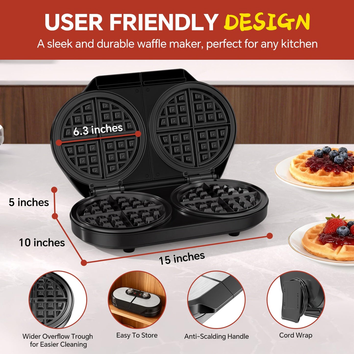 Double Waffle Maker, Belgian Waffle Maker, 6.5 Inch Waffle Iron with 2 Independent Adjustable Temp Knobs & Indicator Lights, Easy-Clean Nonstick Plates, Stainless Steel, Black