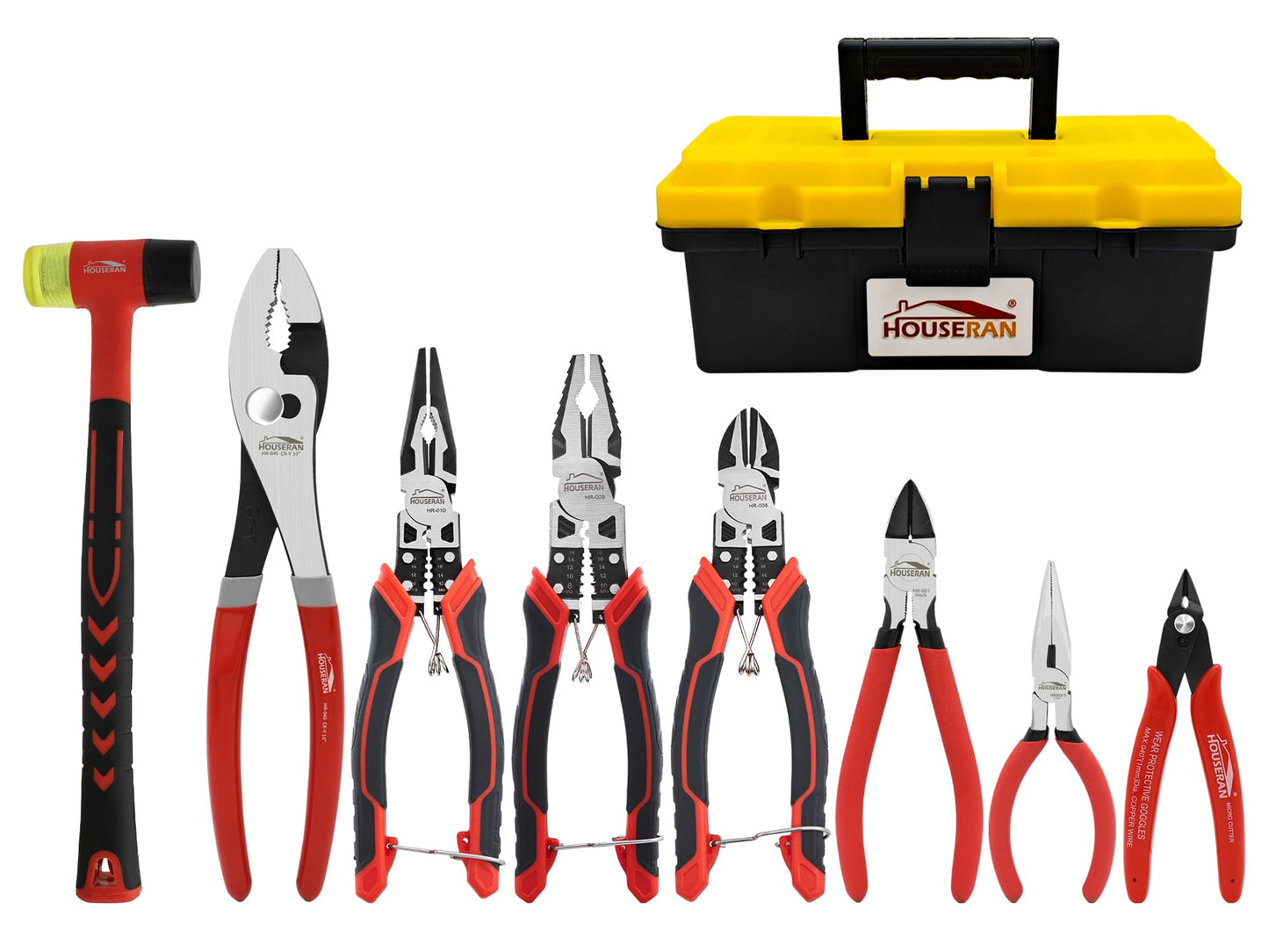 HOUSERAN 8-Piece Tool Set with Case Including 10” Slip Joint Pliers, 8.3” Long Nose, 8.3” Linesman, 7.5” Diagonal, 6” Flush Cutter, 5” Long Nose, 5” 170 Cutter, 25mm Rubber Mallet for DIY & Home Use