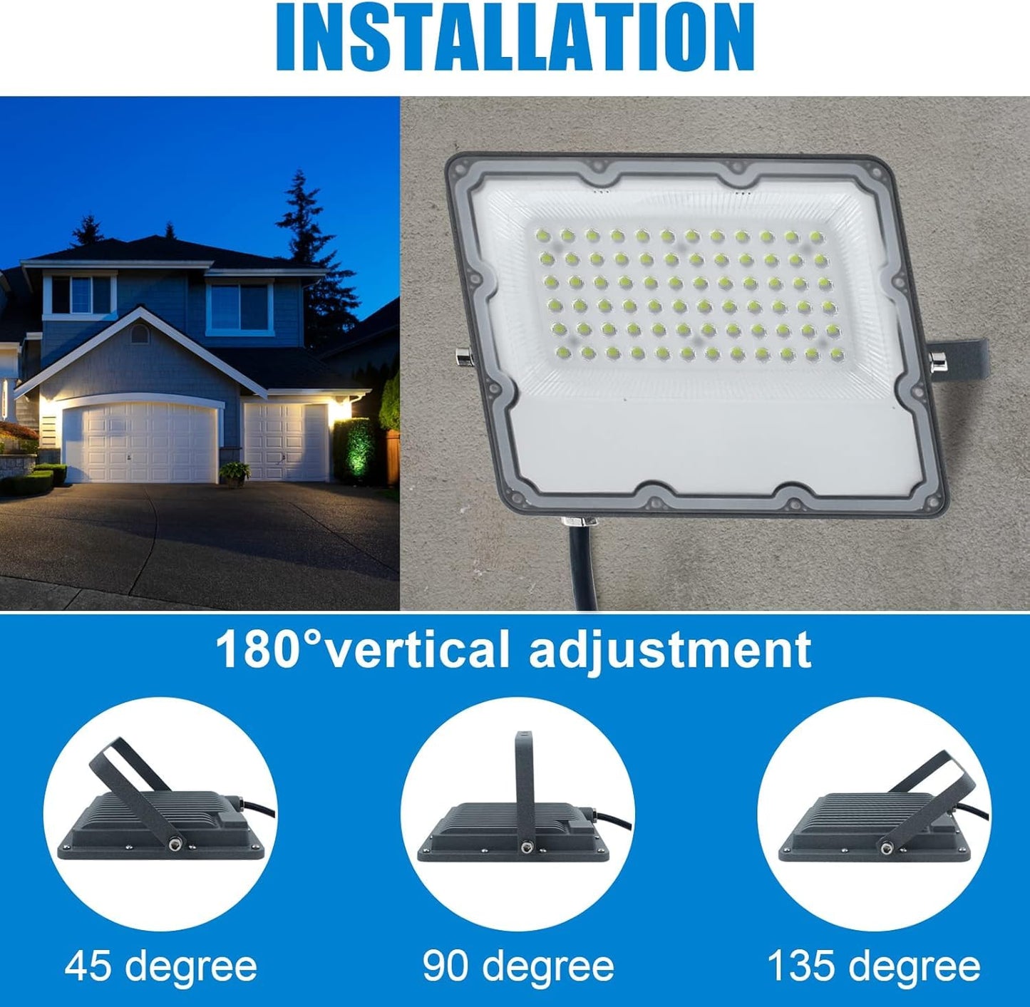 200W LED Flood Lights Plug in, Security Light Fixtures 6500K 20000LM Illumination, IP66 Waterproof Outdoor White Lighting Projects for Ball Ground, Parking Lot, Pathway, Yard, Garden, Garage (2 Pack)