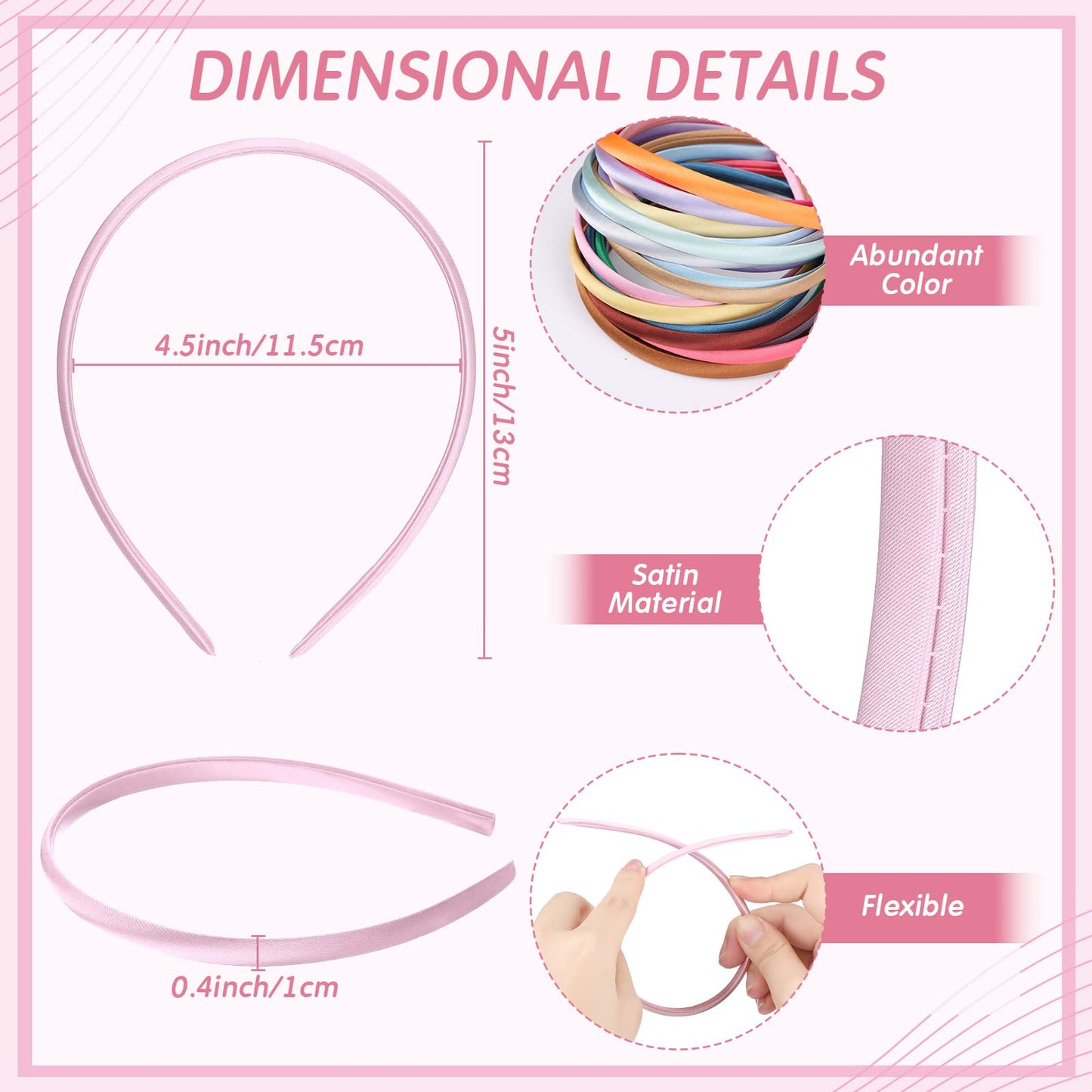 Xunyee 100 Pieces Thin Satin Headbands for Women Girls 0.4 Inch DIY Satin Covered Headbands Bulk Colorful Ribbon Head Bands Plain Hairbands Narrow Hair Band(Multi Colors)