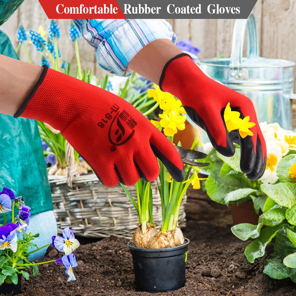 48 Pairs Gardening Gloves for Men Women Rubber Coated Breathable Large Garden Construction Gloves Men Safety Work Gloves, Black & Red