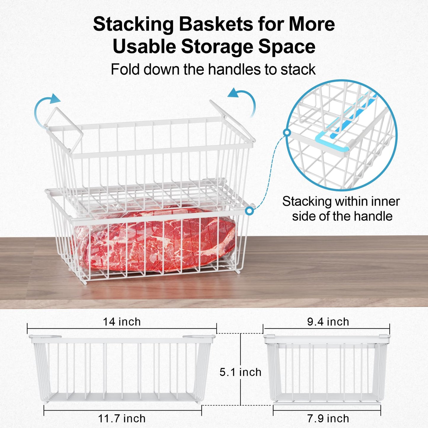 iSPECLE Freezer Organizer Bins- 4 Pack Stackable Freezer Baskets for 5 Cu.Ft Deep Freezer Sort Frozen Foods Chest Freezer Organizer with Handles Easily Get Food and Add Storage Space, White
