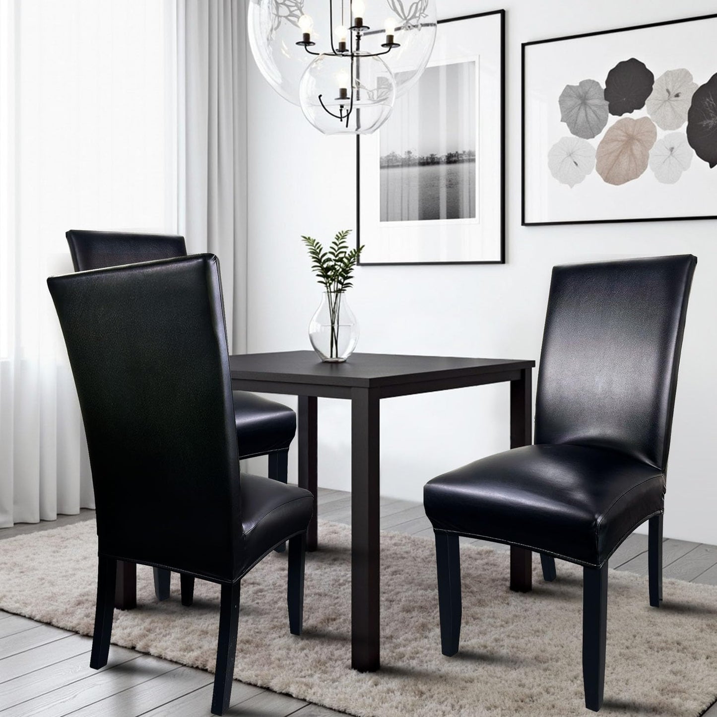Pu Leather Chair Covers for Dining Chairs Set of 4, Waterproof Kitchen Chair Covers Protect Chairs from Stain, Soft & Elastic Parsons Chair Slipcover Well-Fitted for Dinning Room(Black, 4Pcs)