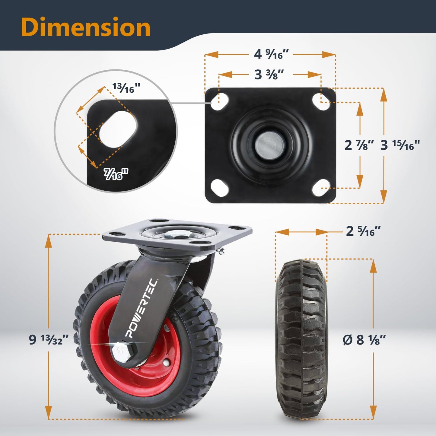 POWERTEC 8 Inch Caster Wheels, Heavy Duty Swivel Plate Casters with Rubber Knobby Tread for Workbench, Dolly, Cart, Trolley, Wagon and Chicken Coop, Large Rubber Castor Wheels, 1PK (17051V)