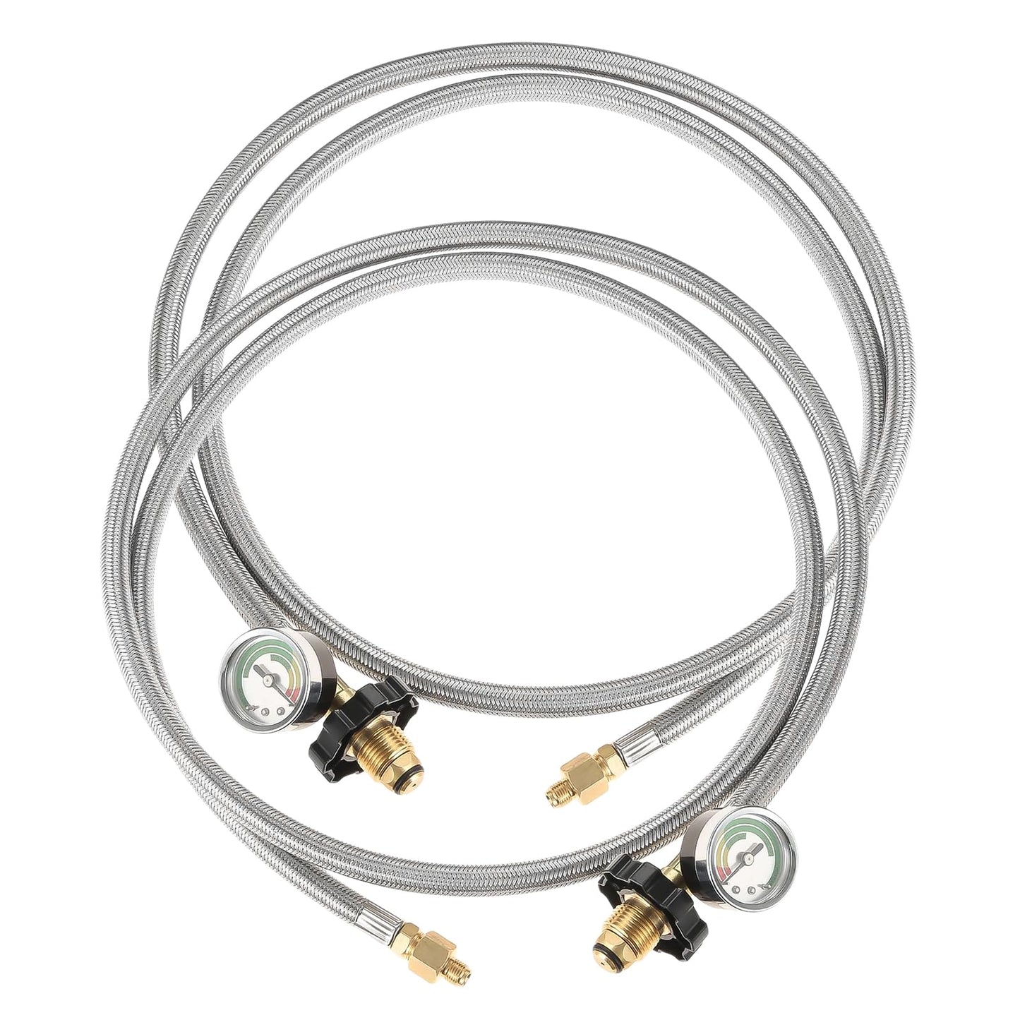 Hicello 2 Pack 6FT Upgraded Braided Universal POL 1/4 inch NPT & Inverted Male Flare Propane Tank Pigtail Hose with Gauge for Standard Two-Stage Regulator