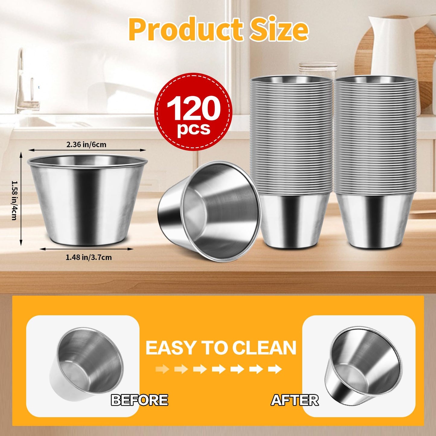 120 Pack Stainless Steel Dipping Sauce cup (2.5oz) - Commercial Grade airtight Seasoning Container, Rust Proof Barbecue/Sushi/Party Sauce Cup For Kitchen, Restaurant and outdoor Dining