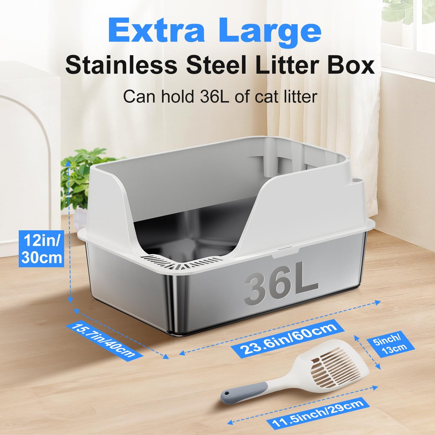 Stainless Steel Cat Litter Box with Lid, XL for Big Cats, High Sided Metal Litter Pan, Anti Leakage,Odor-Free & Easy Cleaning,Included Scoop &Trash Bag*2 & Mat & Sticker (White)