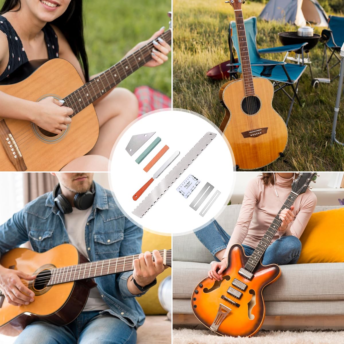 Guitar Neck Notched Straight Edge Luthiers Tool with Guitar Fret File, Fret Rocker, Fingerboard Guards Protectors and Grinding Stones for Gibson 24.75" and Fender 25.5" Electric Guitars