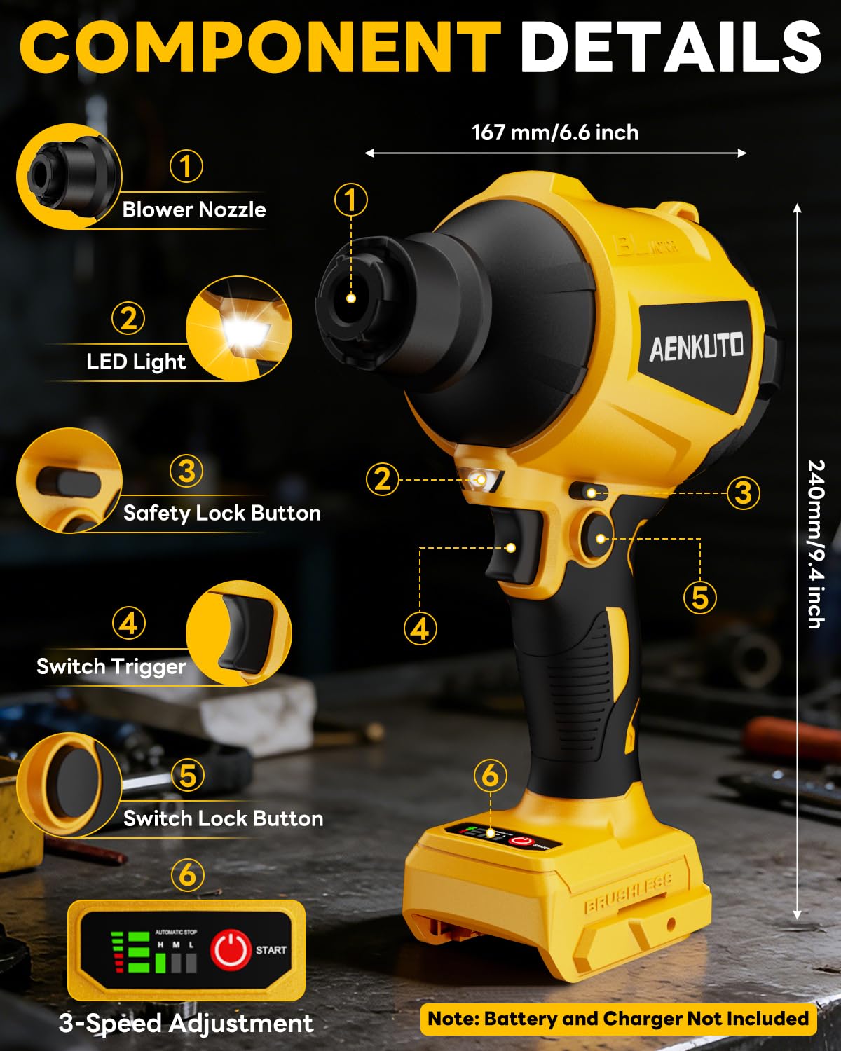 Cordless Compressed Air Duster & Blower, Brushless Handheld Dust Air Blower, 3-Speed Control, 7-in-1 Nozzles, Portable Inflatable Pump for Camping (No Battery) (For Dewalt 20v MAX Battery(No Battery))