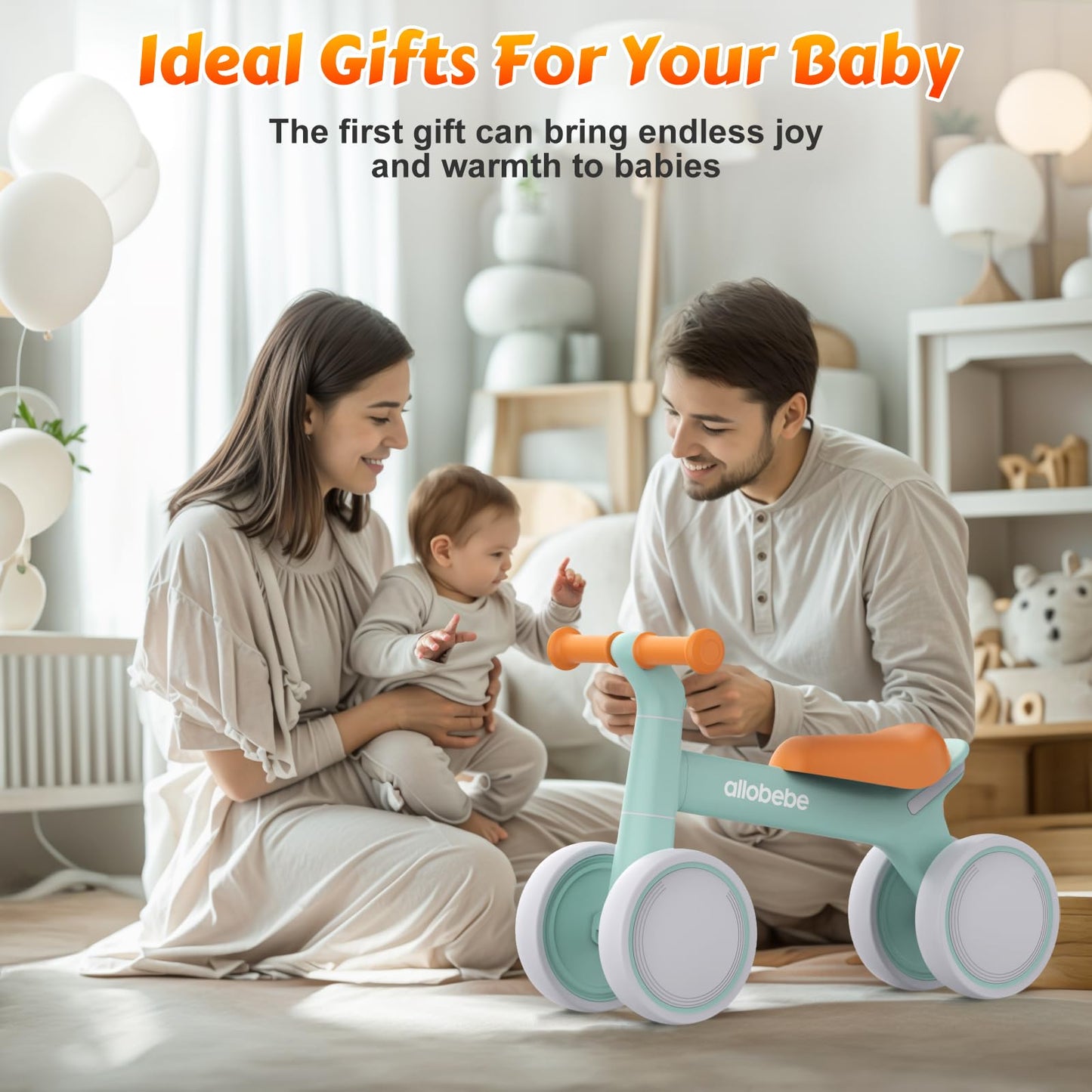 allobebe Baby Balance Bike for 1 Year Old, Toddler Bike for 12-36 Months, 4 Silence Wheels & Soft Seat, Toddler Bicycle Toy, 1 Year Old Girl Birthday Gift