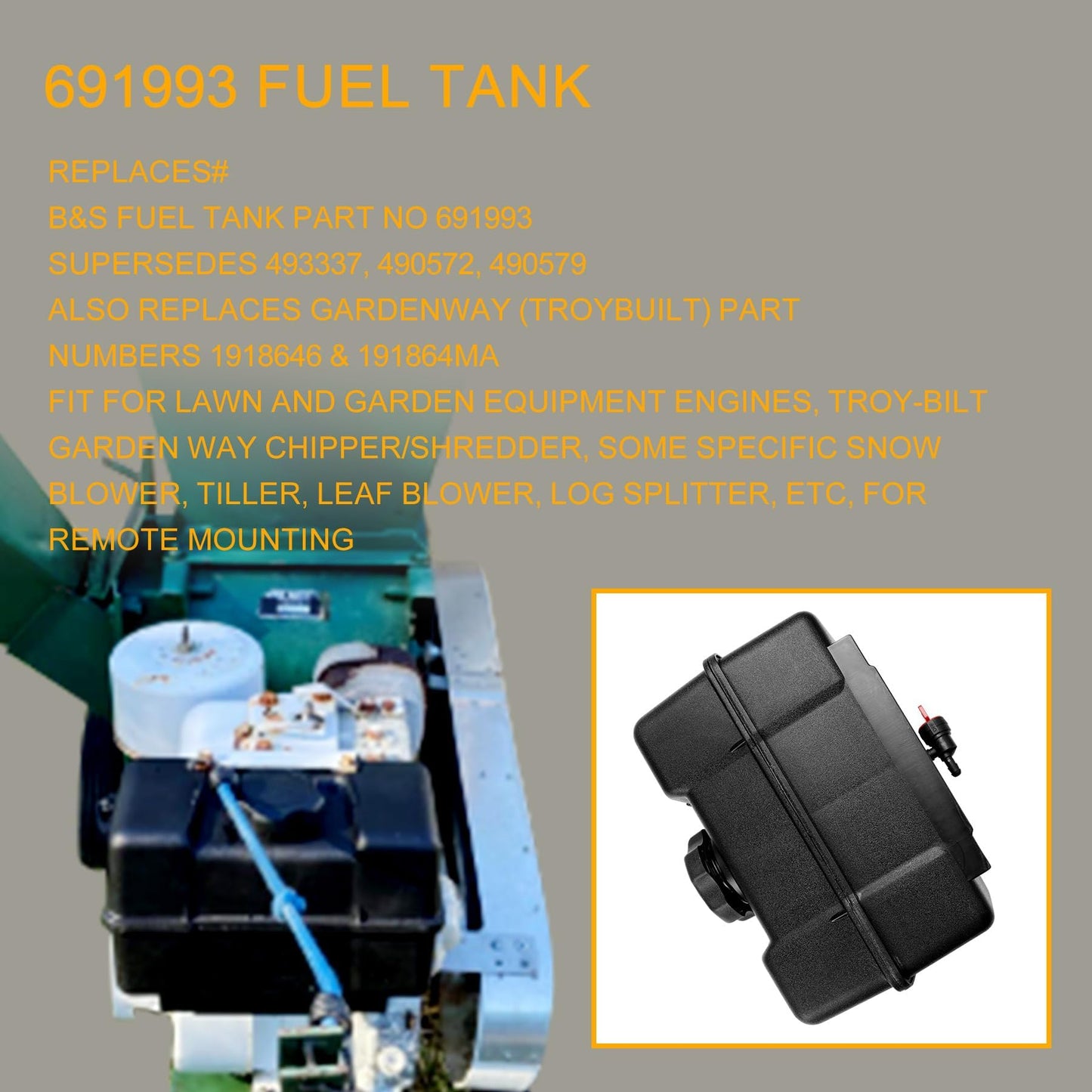 691993 Fuel Tank with Shut Off Valve and Fuel Cap 4 Quart for Briggs & Stratton Remote Mounting Compatible with Lawn and Garden Equipment Engines, Some Specific Snow Blower, Tiller, Log Splitter
