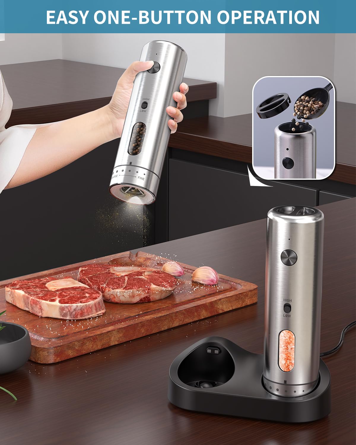 CIRCLE JOY Electric Salt and Pepper Grinder Set with Charging Base, USB Rechargeable Stainless Steel Spice Grinder Salt Mill, 2 Grinding Speeds, External Adjustment and 110ml Container