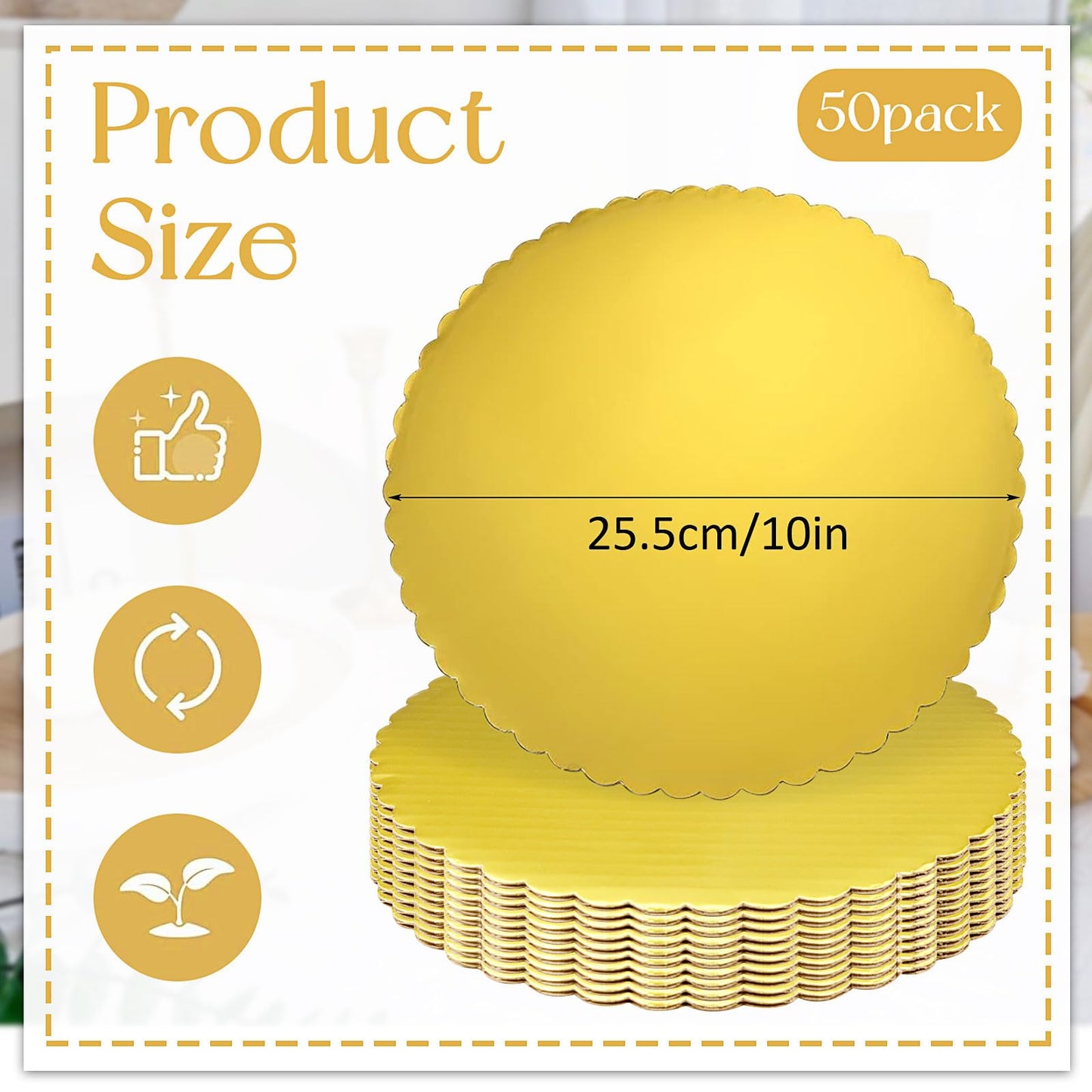 50 Pack Round Cake Boards, 10 Inch Gold Cardboard Cake Circles, Greaseproof Disposable Baking Plates Trays Rounds for Cakes Cupcakes Pie, Birthday, Wedding, Christmas, Bakery