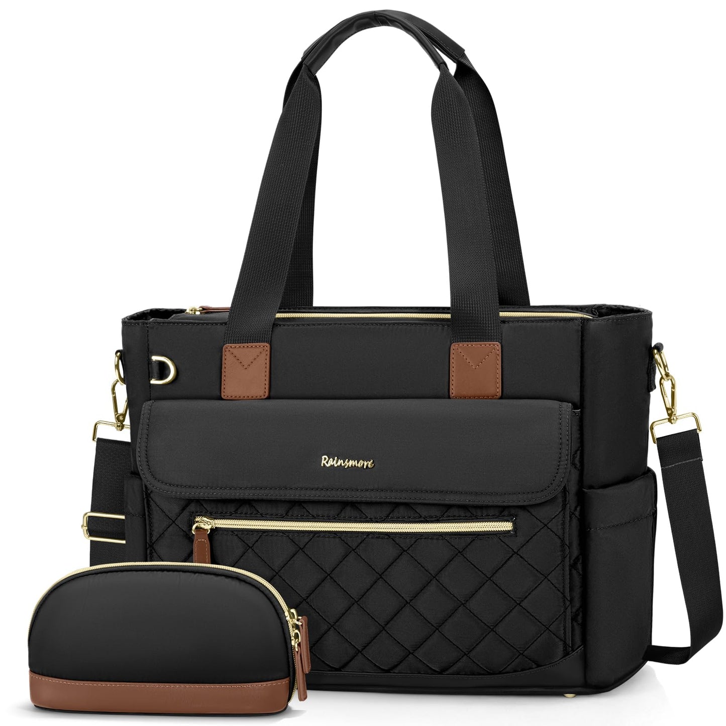 RAINSMORE Teacher Tote Bag with Small Storage Bag 15.6 inch Laptop Bag for Women with Insulated Pocket Work Bags for Women Nurse Bag Messenger Laptop Briefcase for Office Nursing, Black