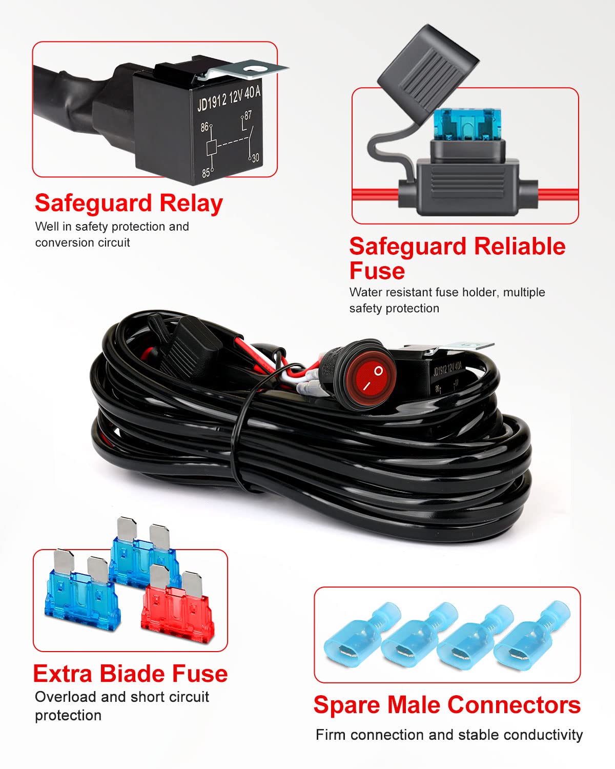 NAOEVO 16FT LED Light Bar Wiring Harness Kit 16AWG 2 Leads 12V On Off Waterproof Switch Power Relay Blade Fuse for Off Road Lights LED Work Light (16FT)