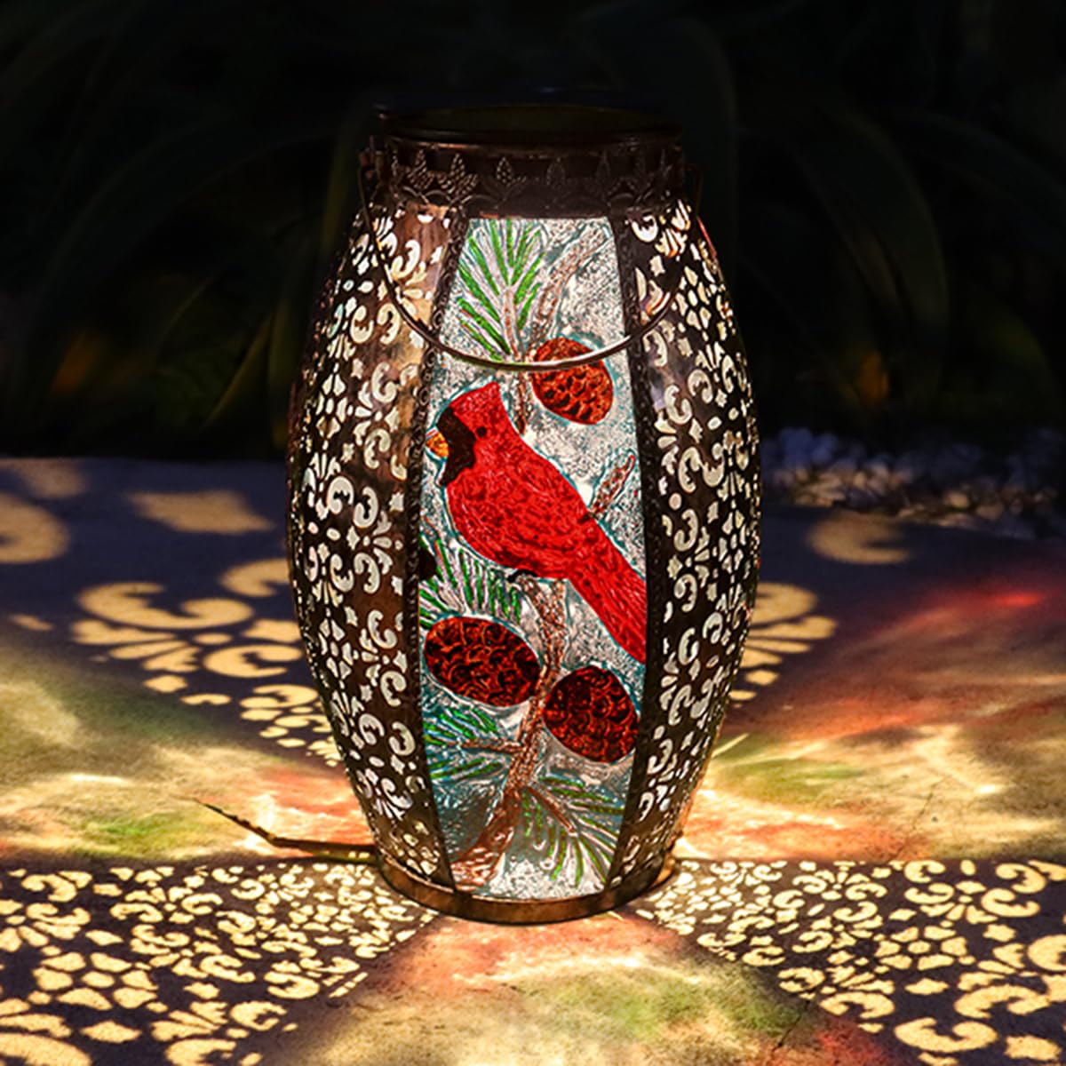 Solar Lanterns Outdoor Hanging Light - Cardinal Solar Powered LED Glass Lights Decorative Waterproof Tabletop Lamp with Hollowed-Out Design for Yard Table Patio Garden Pathway Holiday