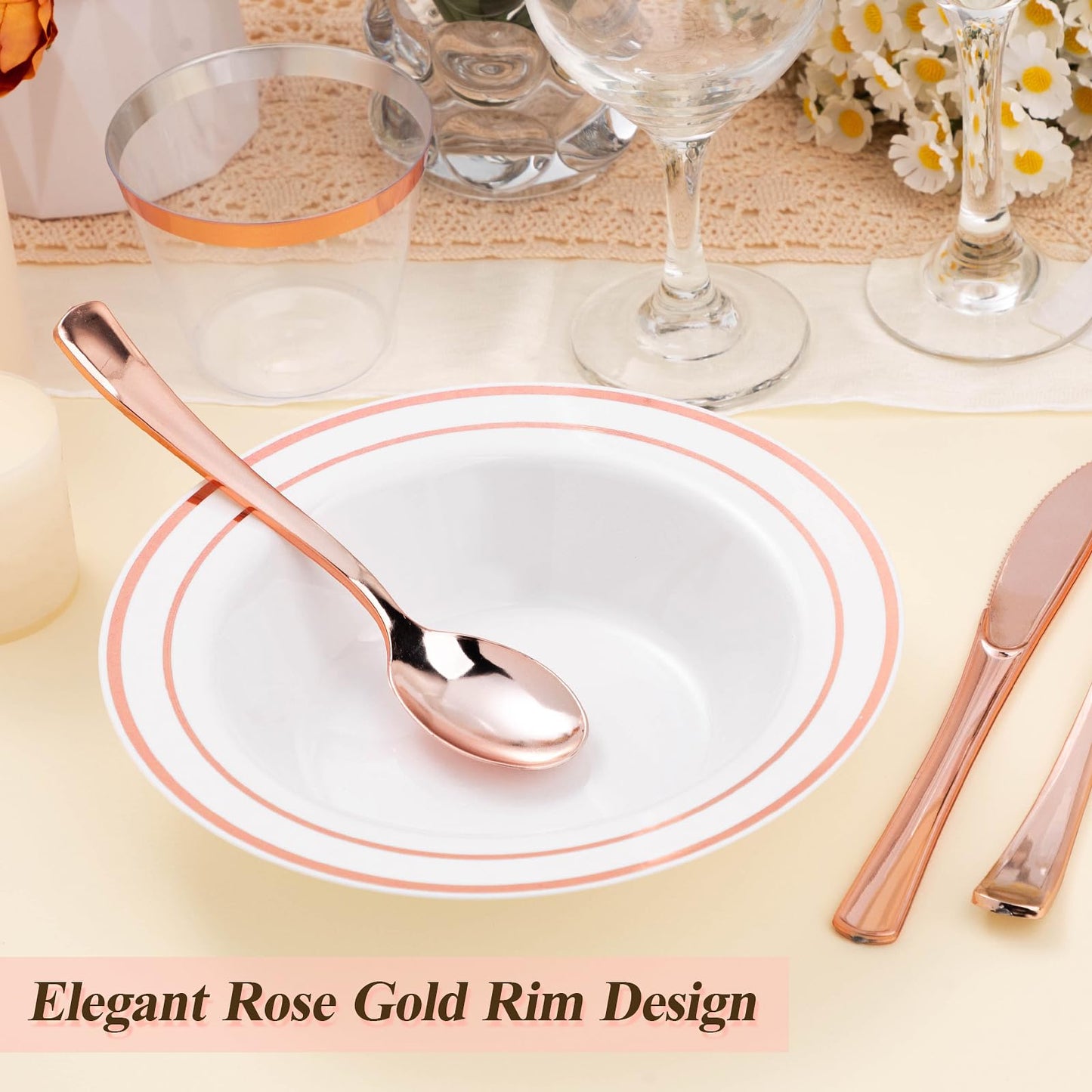 BESTSTAR 50 Pack Disposable Soup Bowls with Rose Gold Rim, 12oz Premium Heavy Duty Plastic Dinner Bowls for Party, Wedding and Holiday