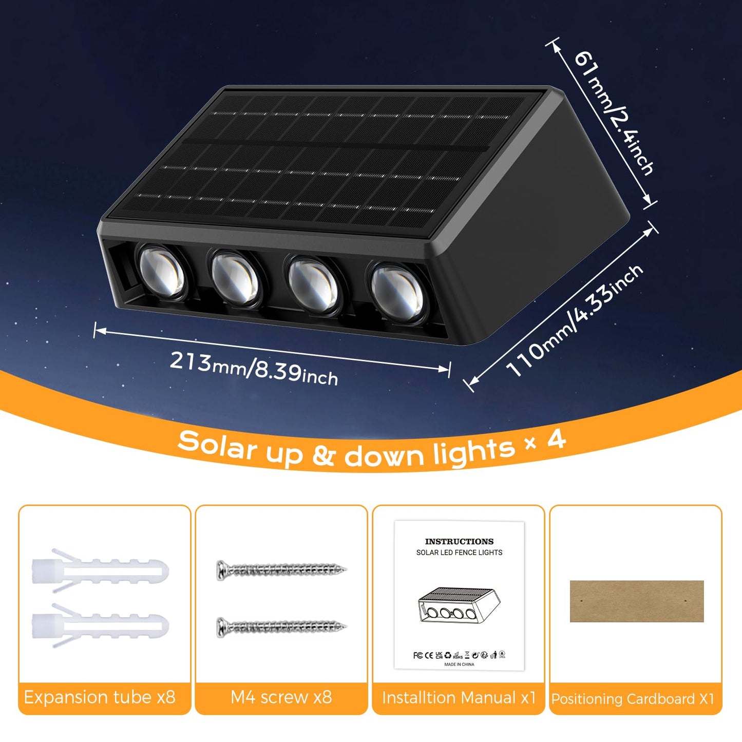 Quntis 4-Pack RGBCW Solar Fence Lights, UP & Down 8-LEDs Brighter Lighting, 13 Color Modes, IP65 Waterproof Solar Deck Lights, Auto On/Off Solar Lights Outdoor for Garden Porch Yard Step Stair Wall