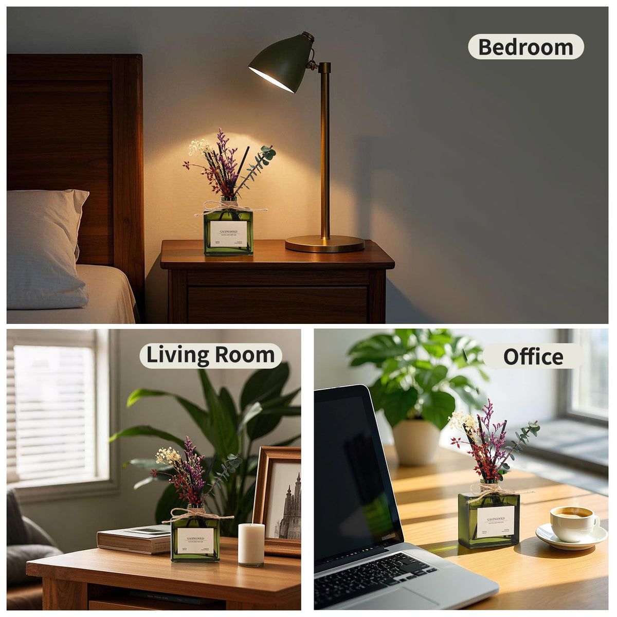 GAGINGOOLD Sandalwood Reed Diffuser, 180 ML Aromatherapy Diffuser with Dried Flowers, Premium Scented Fragrance for Home Decor Gift with 10 Natural Sticks, Long-Lasting Fragrance Up to 120 Days