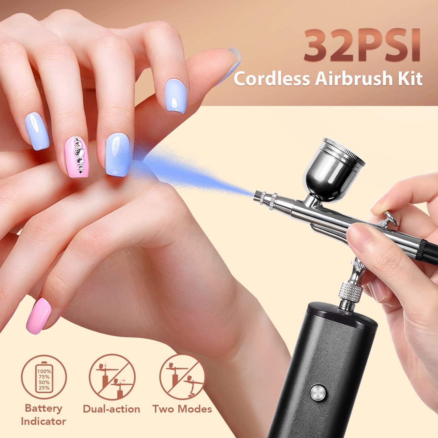 Cordless Airbrush Kit with Compressor, 32PSI Handheld Mini Air Brush Gun Set, Portable High Pressure Air Brushes for Painting, Tattoo, Nail Art, Mode, Makeup, Cake, Barber (Black)
