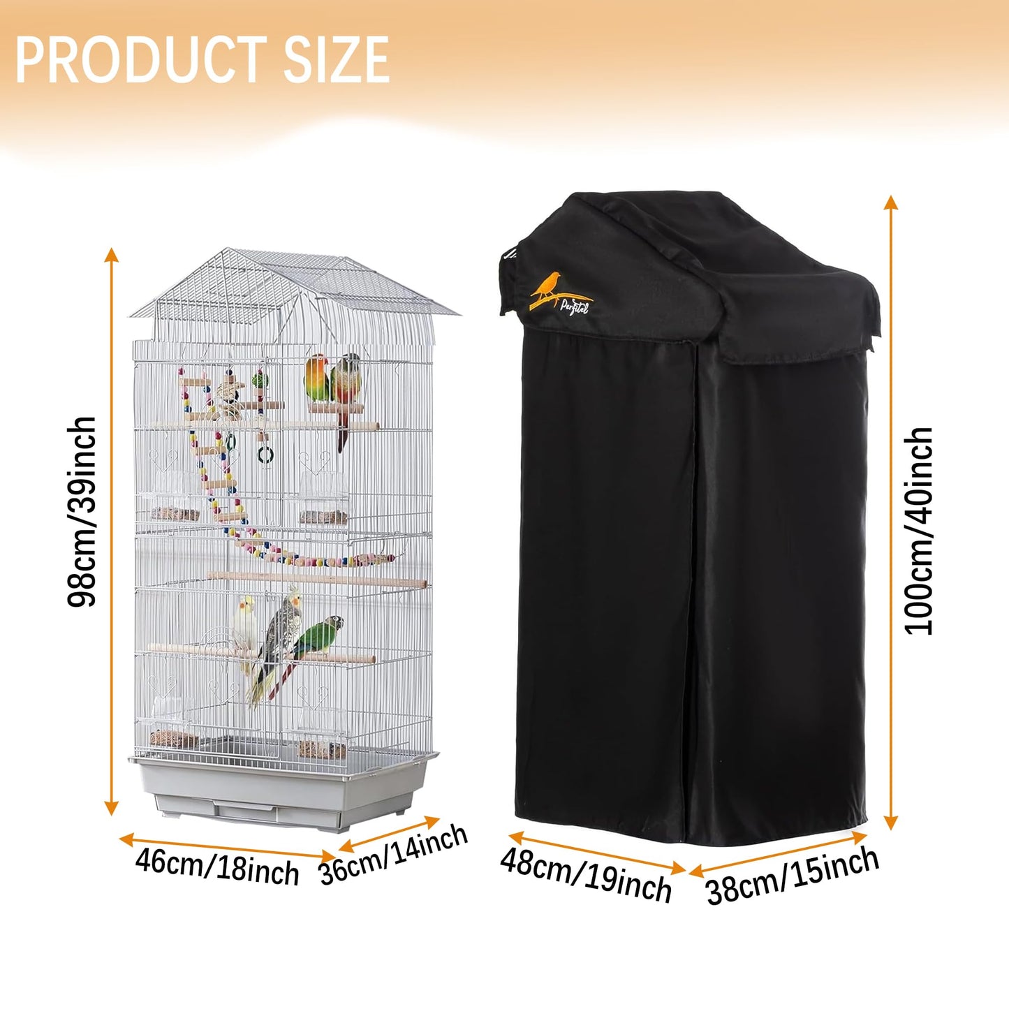 Perfitel Small Bird Cage Cover(Black) Good Night Black-Out Cover for Birdcage with Roof Top Durable Breathable Washable Material (18x14x 39) inches(cage is not Included) (18 * 14 * 40, U-Shaped)