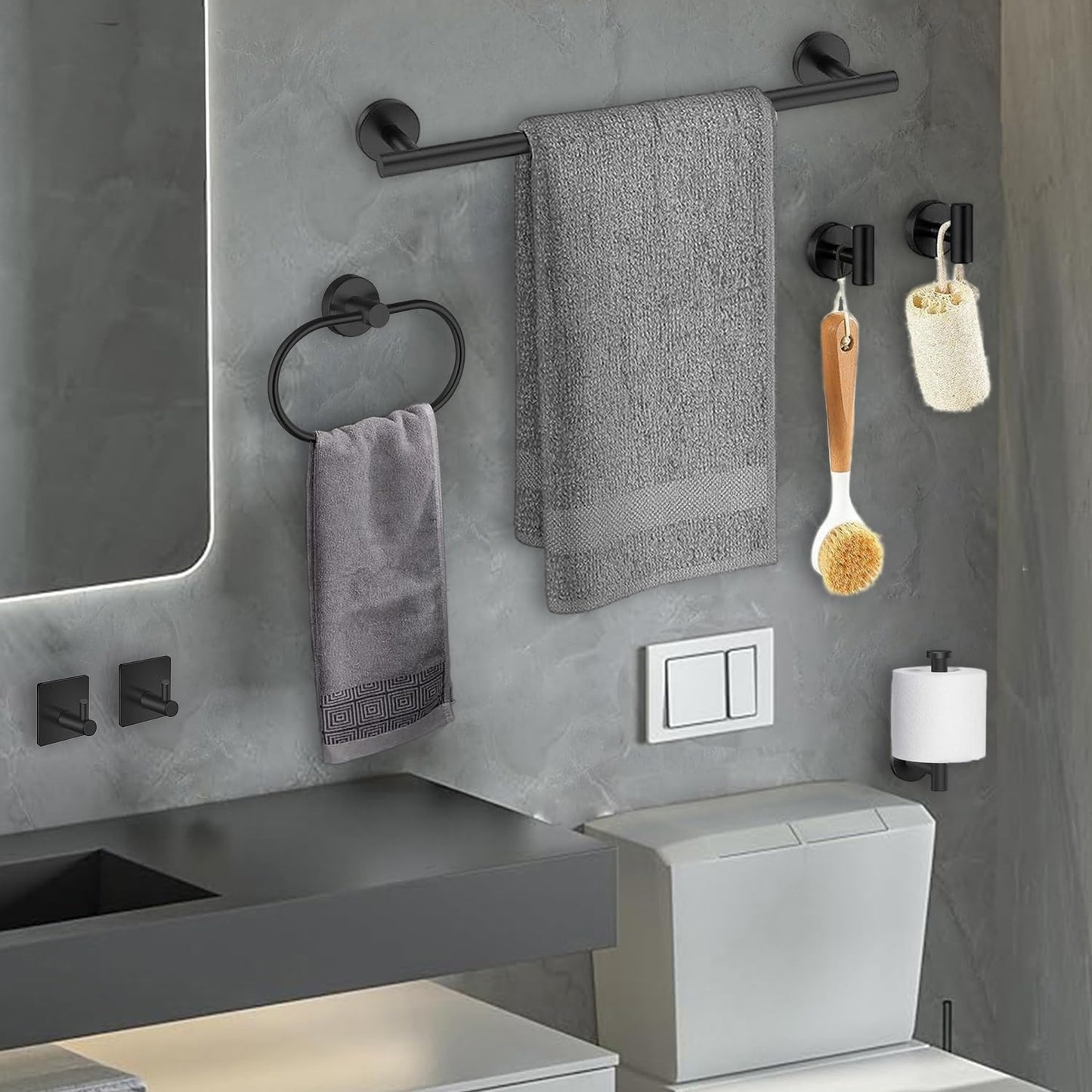 7- Piece Bathroom Accessories Set, Black Towel Rack Towel Holder Towel Bar, Towel Racks for Bathroom SUS304 Stainless Steel, Towel Holder Towel Rack Wall Mounted Black 24INCH