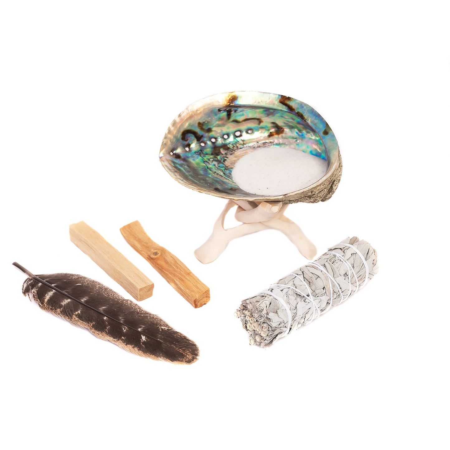 Sage Kit - White Sage Smudge Stick ~ Abalone Shell for Smudging ~ Palo Santo Sticks ~ 2 inchTripod Stand ~ 8 inch Feather and White Sand