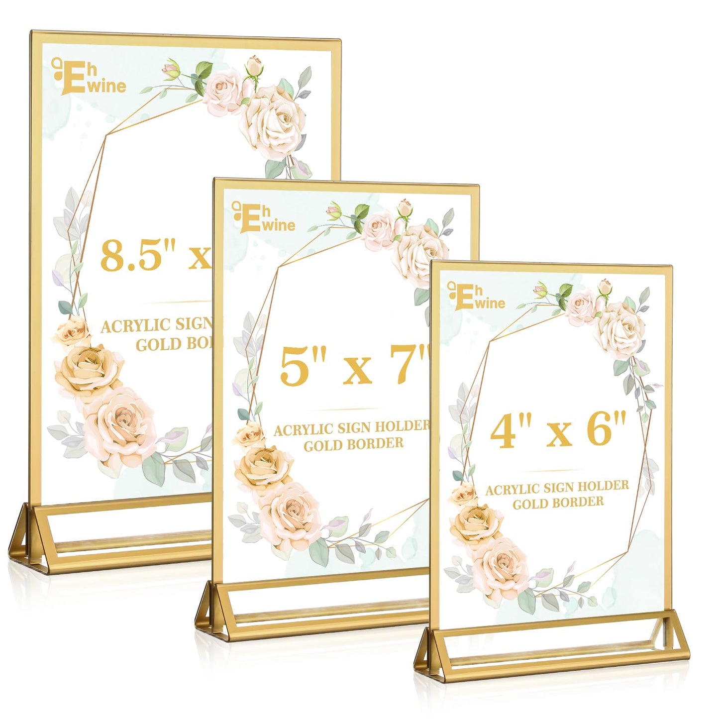 EHWINE 8 Pack Acrylic Sign Holder 8.5 x 11, Double Sided Gold Picture Frame Stand up Table Top Sign Holders, Clear Display Stand Menu Flyer Holder for Wedding Party (Provide Non-slip Mats)