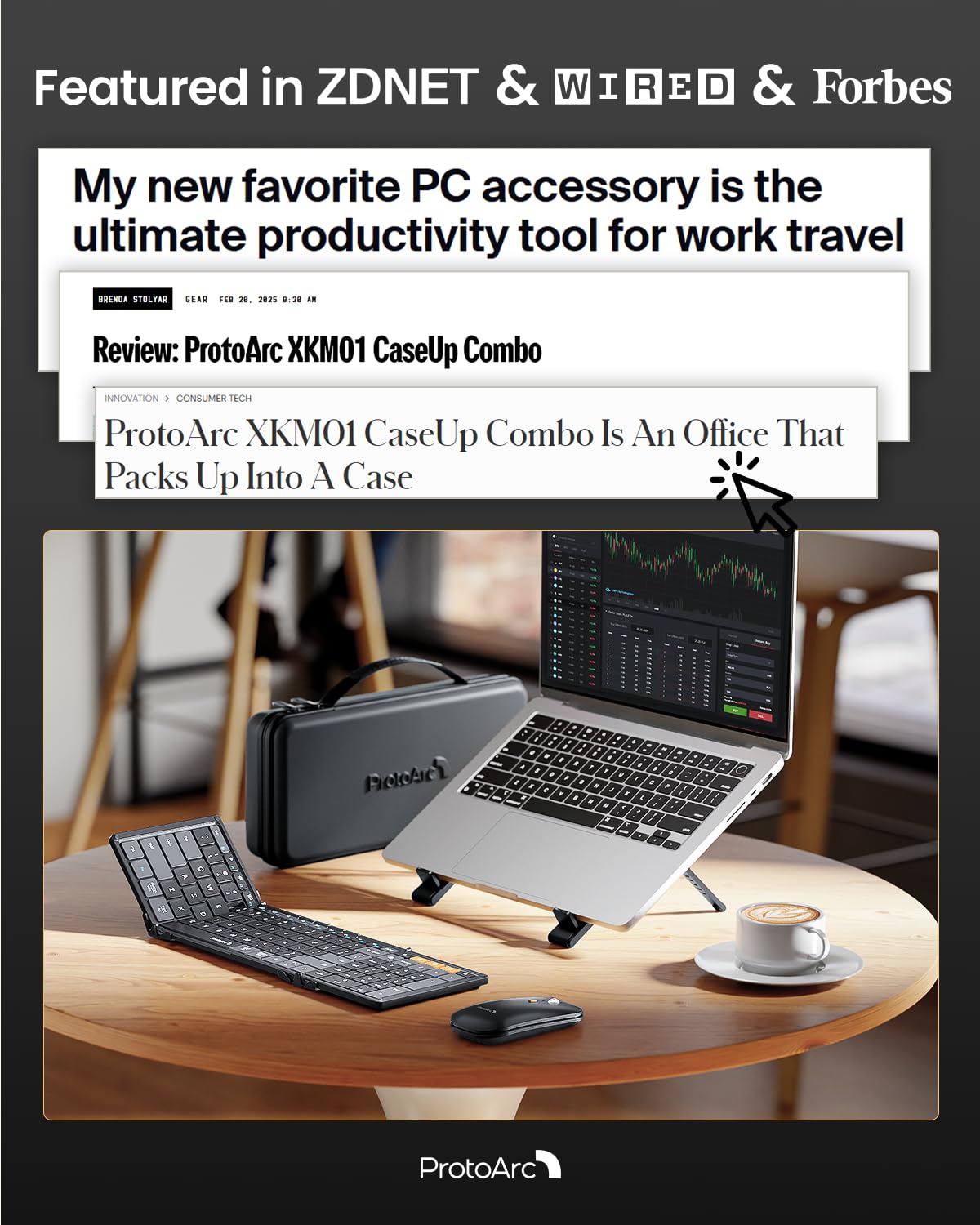 ProtoArc Foldable Keyboard Mouse Combo, XKM01 CaseUp Portable Bluetooth Keyboard and Mouse with Laptop Stand, a Mobile Work Solution for On-The-Go, Compatible with Laptop PC MacBook Windows Mac OS