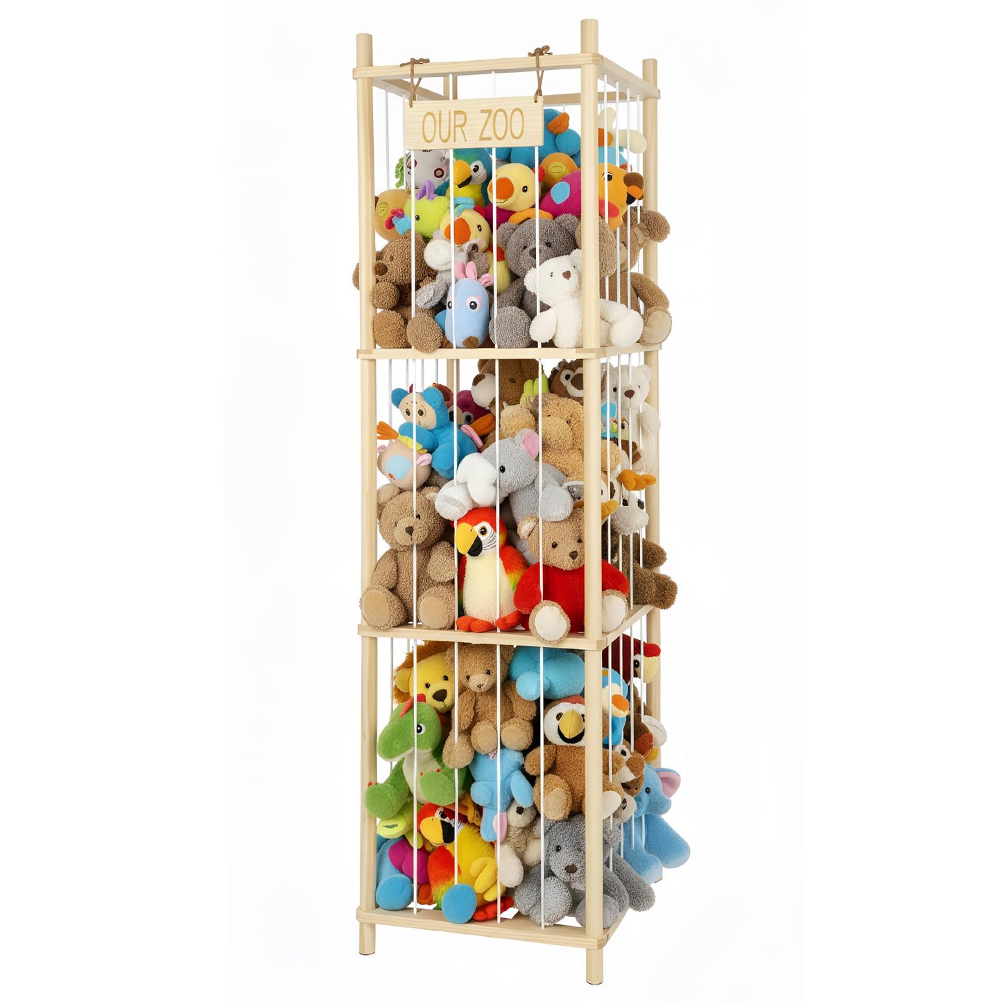Wooden Stuffed Animal Storage Organizer with Anti-Tip Wall Bracket, Plushies Storage Holder with Elastic Bands, Stuffed Animals Organizer and Display Rack for Kids Room, Bedroom, Playroom - 54" Tall