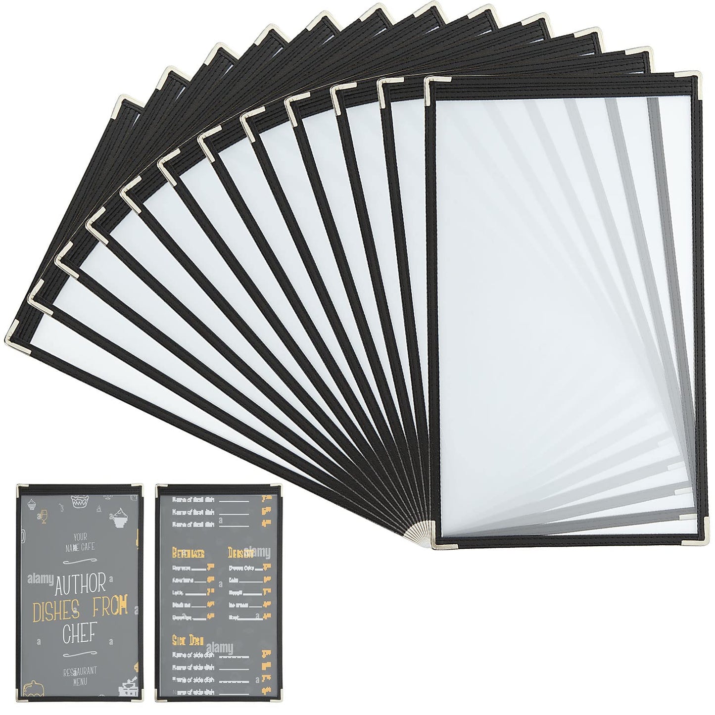 FVIEXE 12PCS 8.5 x 14 Inch Menu Covers Single Page 2 View, Transparent Restaurant Menu Covers Holder, Menu Folder Menu Book Holders Menu Sleeves for Restaurant Bar Cafe (Black)