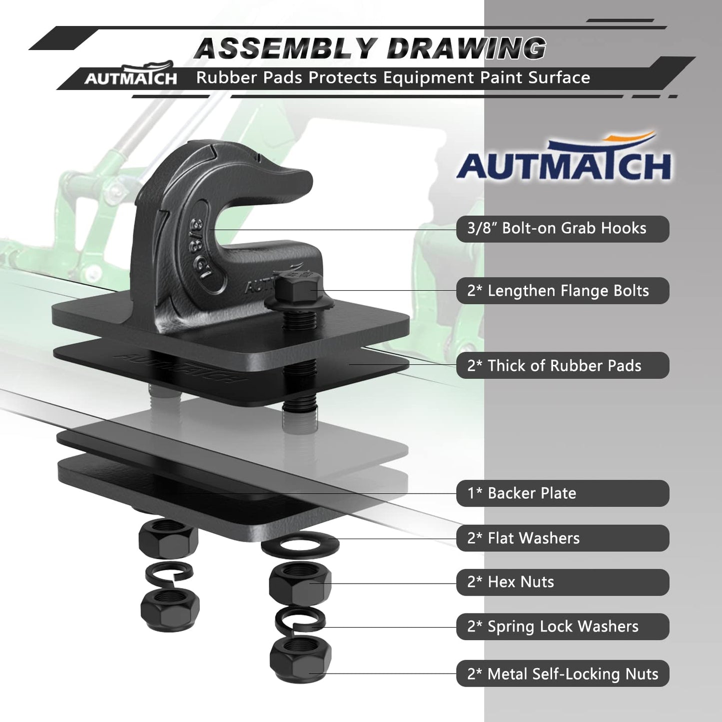 AUTMATCH Tractor Bucket Grab Hook 3/8" (2 Pack) - Grade 70 Forged Steel Bolt On Grab Hook Tow Hooks Mount with Backer Plate & Rubber Pads, Max 18,000Lbs Work for Loader, Tractor Bucket, Gunmetal Gray