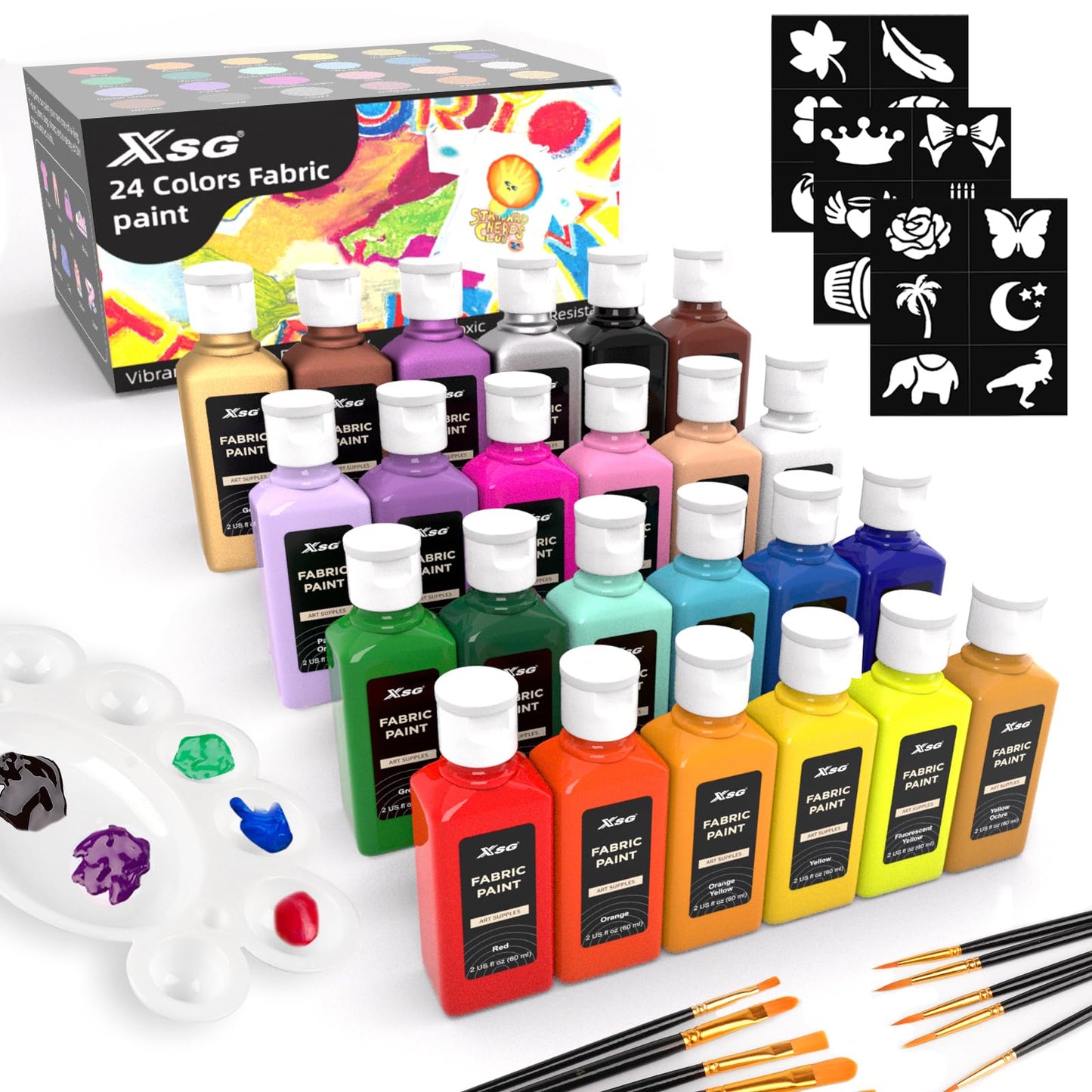 24 Colors Fabric Paint For Clothes Permanent, Soft Fabric Paint in Bottles with 10 Brushes ,Stencils& Palette,Non-Toxic Textile Paint for Shoes,Jeans ,Bags& DlY Projects(60ml/2oz)