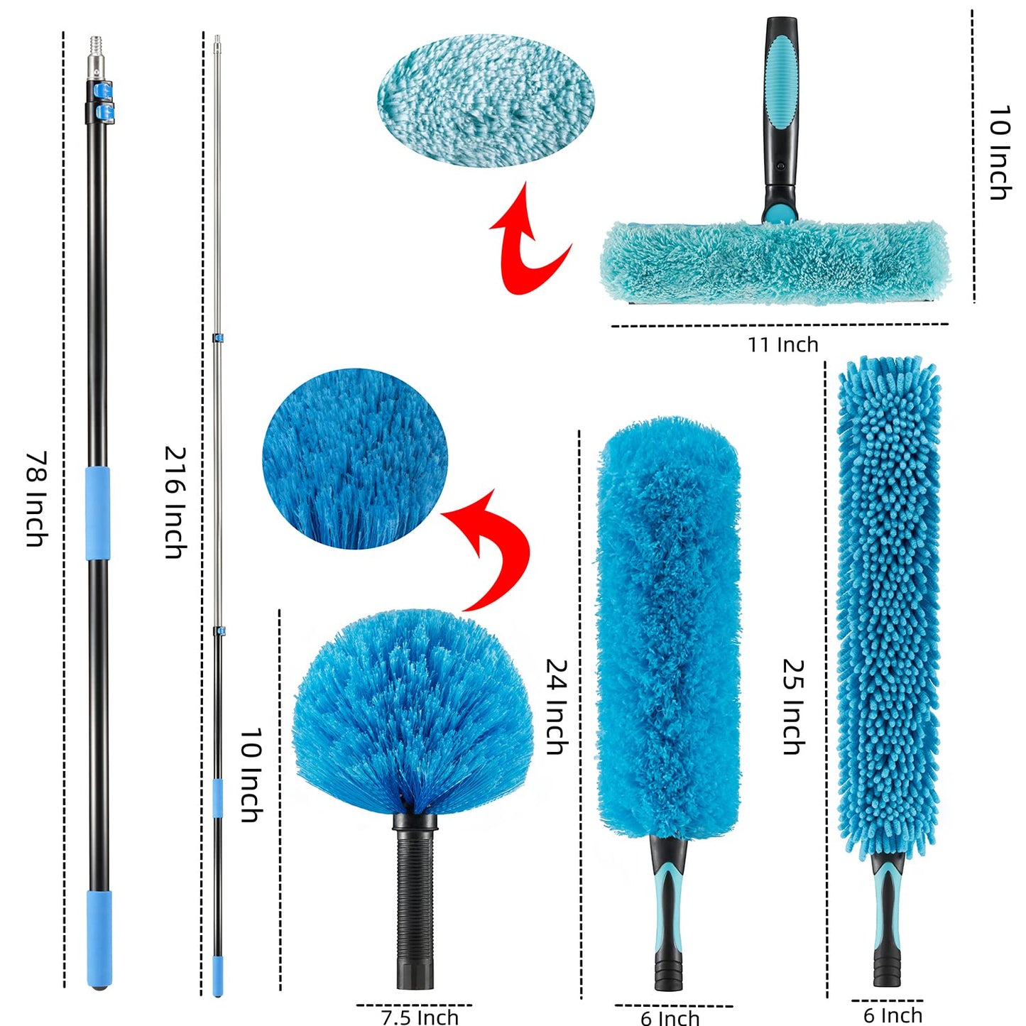 Hicavar 30 Foot High Ceiling Fan Duster with 6-18 Foot Extension Pole, Extendable Reusable Cobweb, Feather, Window Cleaning Squeegee Kit