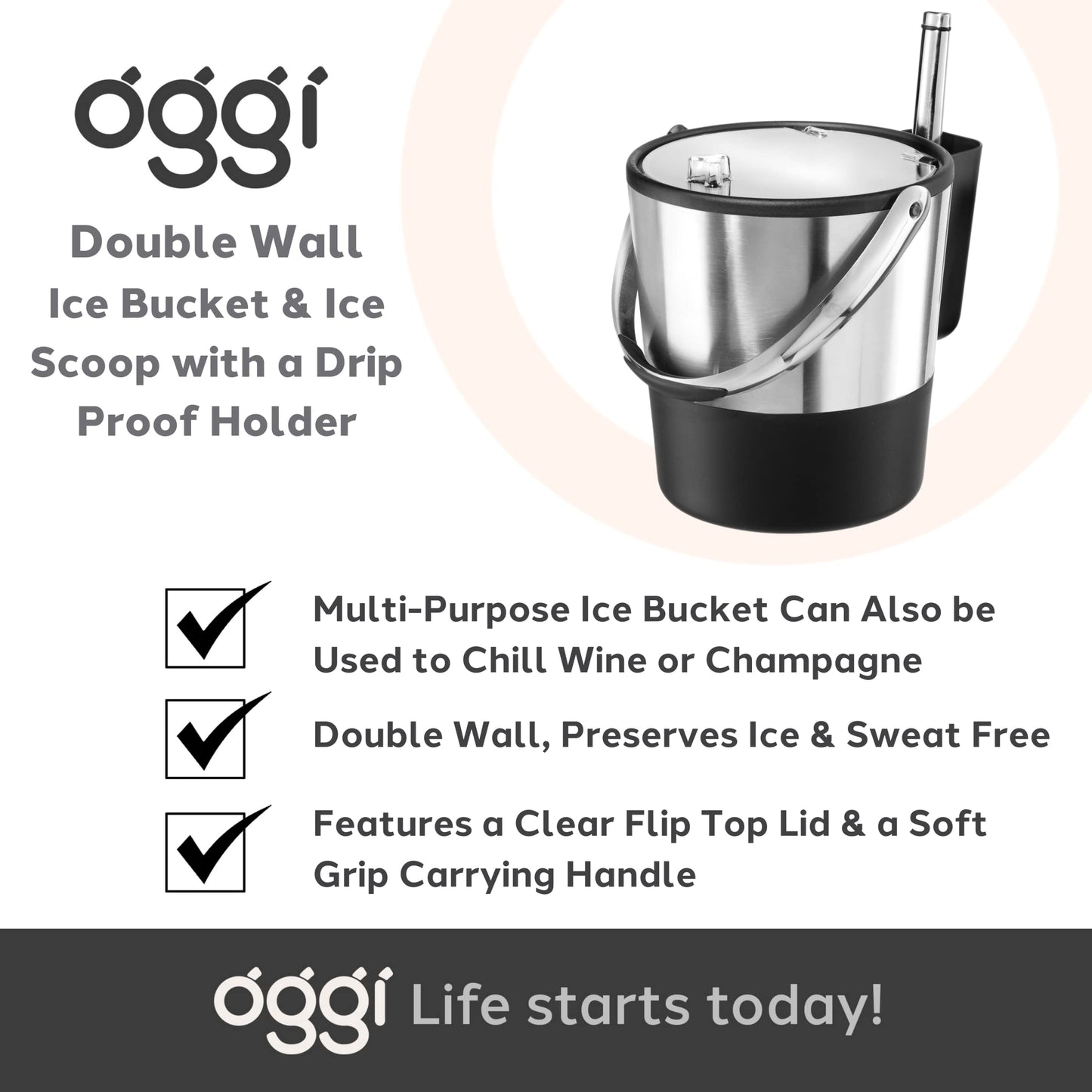 Oggi Double Wall Ice Bucket with Flip Lid and Stainless Ice Scoop, 4 Quart / 3.8 L