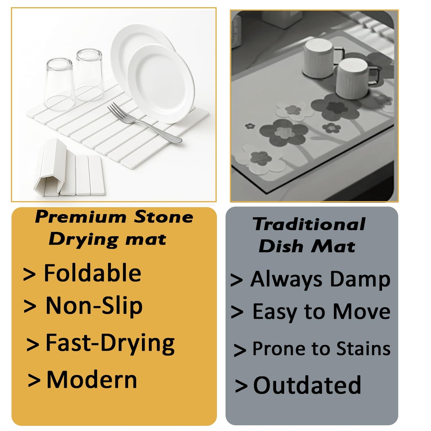 Stone Dish Drying Mat 24"×16" – Super Absorbent Diatomite Earth – Quick Dry, Collapsible & Eco-Friendly Drying Mat for Dishes, Bottles & Utensils