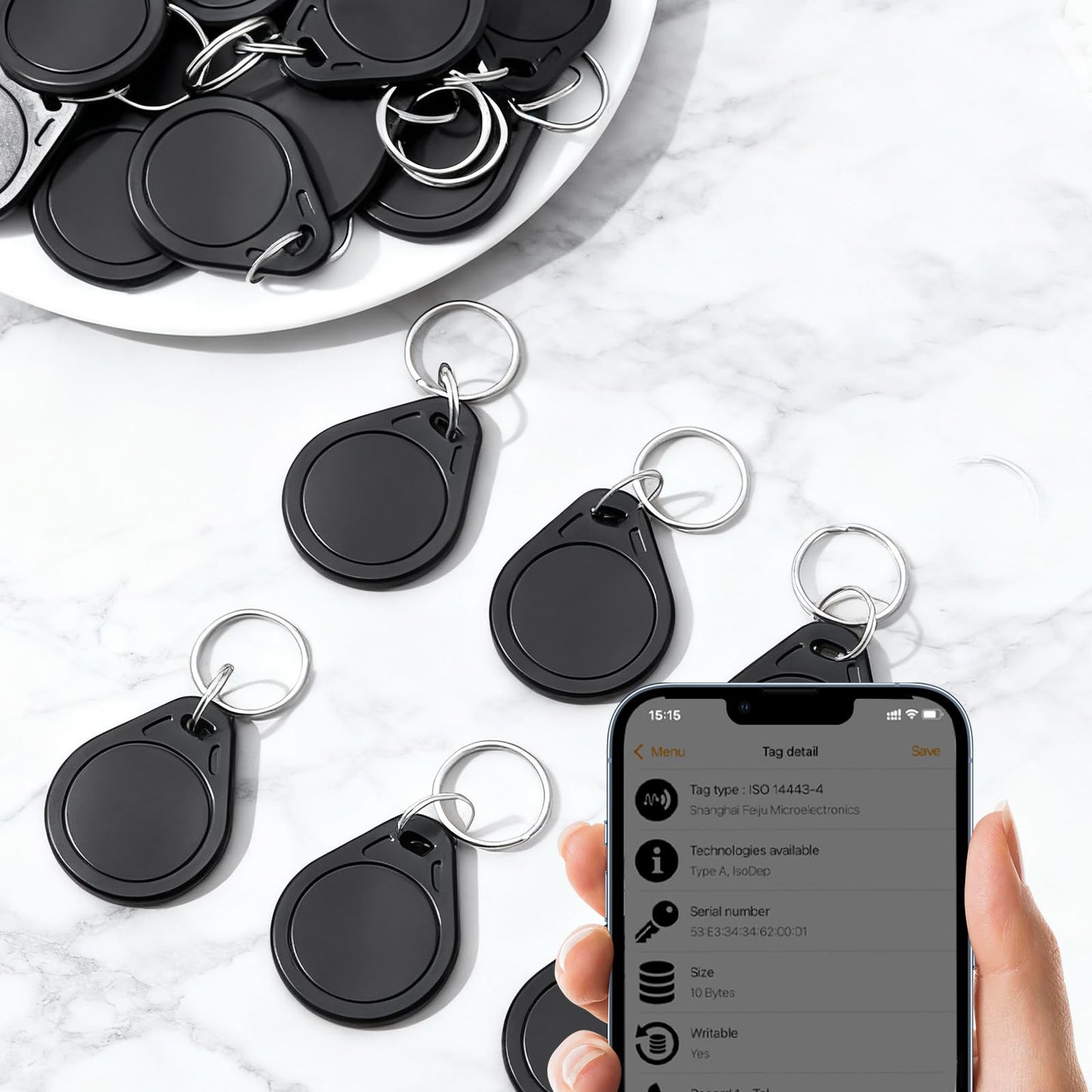 NFC Tags with NTAG215 Chip,504 Bytes Rewritable NFC Key Tags Compatible with iPh-one, Andr-oid, Home-Kit & Tag-Mo,Programmable Access Key Fobs (100-Pack Black)