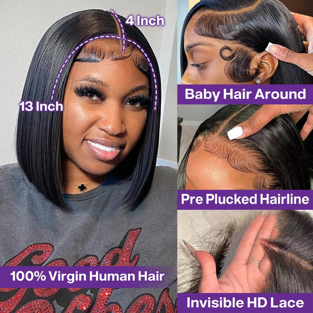 HIRIREMY Short Straight Bob Wigs for Black Women Human Hair 13x4 HD Lace Front Bob Wigs Human Hair Pre Plucked Natural Hairline Glueless 180% Density 180 12 Inch