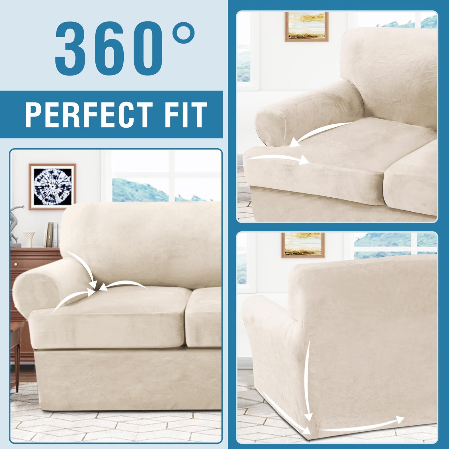 H.VERSAILTEX Sofa Cover 4 Piece T Cushion Sofa Slipcovers Thick Velvet Couch Cover Furniture Protector Stretch T Cushion Sofa Covers for 3 Cushion Couch with 3 Individual T Cushion Covers, Ivory