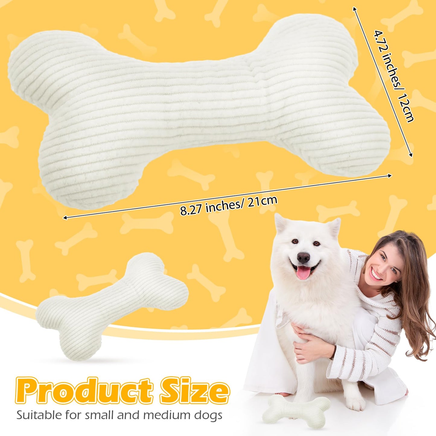 Poen 6 Pcs Bone Shaped Plush Squeaker Dog Birthday Toy Soft Stuffed Calming Toy with Squeaker for Small Medium Pet Dogs Puppy Chew Claw Interactive Fetch, 8. 27 x 4. 72 Inch White
