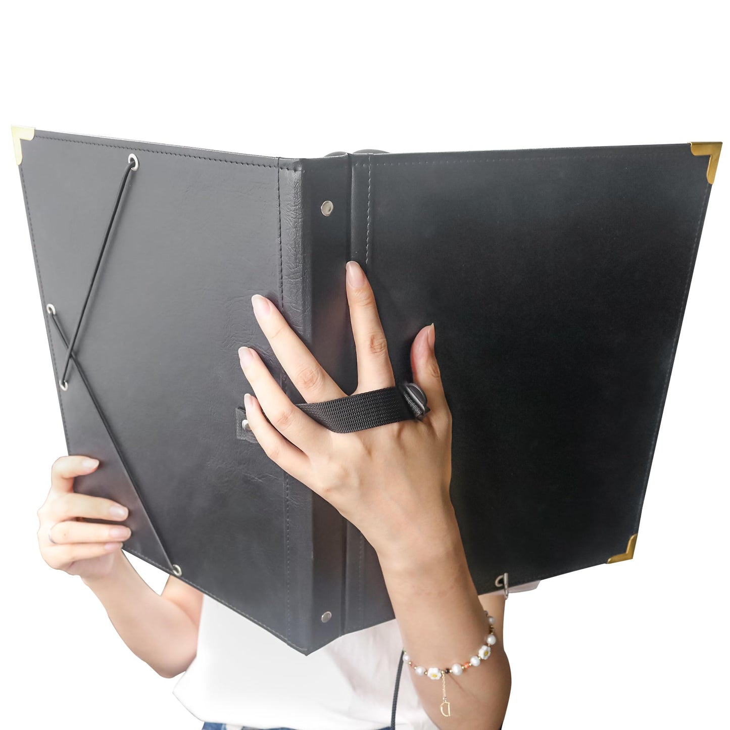 GraduatePro PU Leather Sheet Music Choir Folder Black, 3 Rings Binder 12.5" x 10" Piano Music Binder with Elastic Band,10 Pockets for Sheets 8.5 * 11/A4