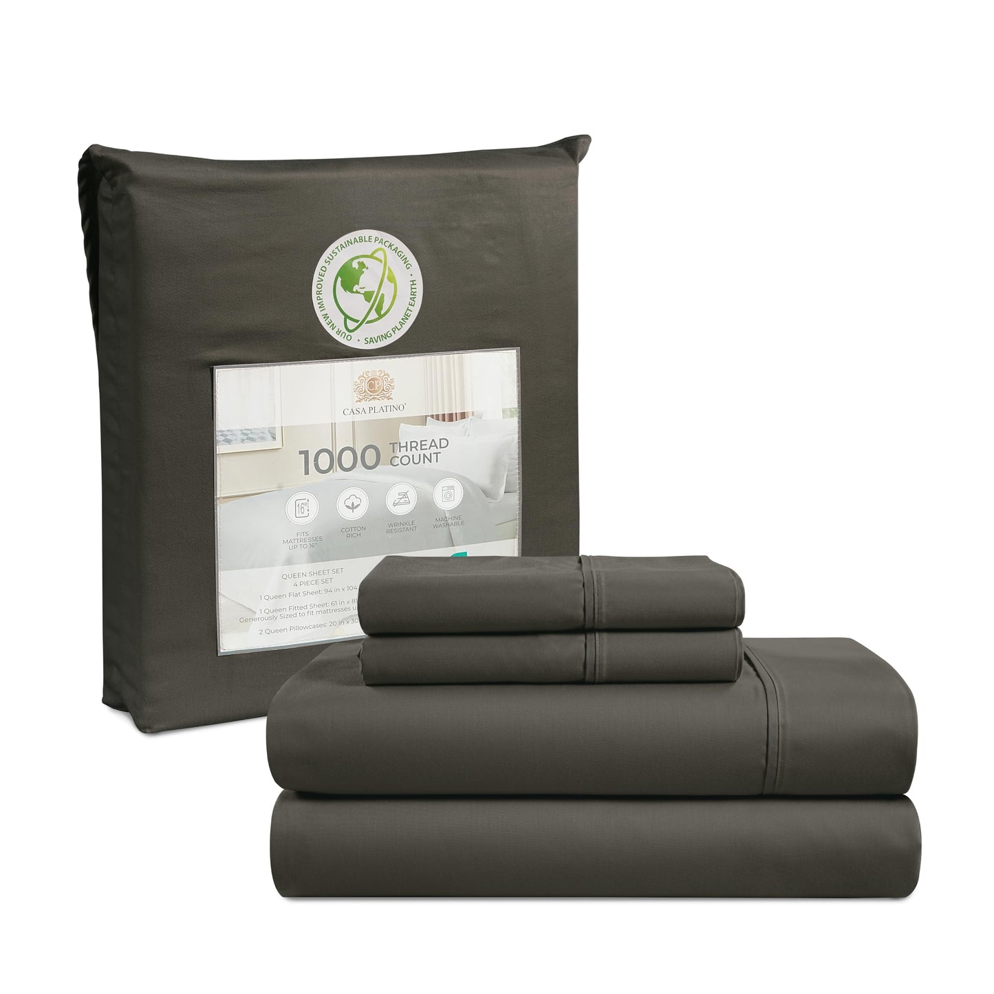1000 Thread Count Queen Size Bed Sheet Set - Charcoal Egyptian Cotton Blend, Deep Pocket Sheets, Sateen Weave, Luxury Hotel Quality Bedding (Queen, Charcoal)