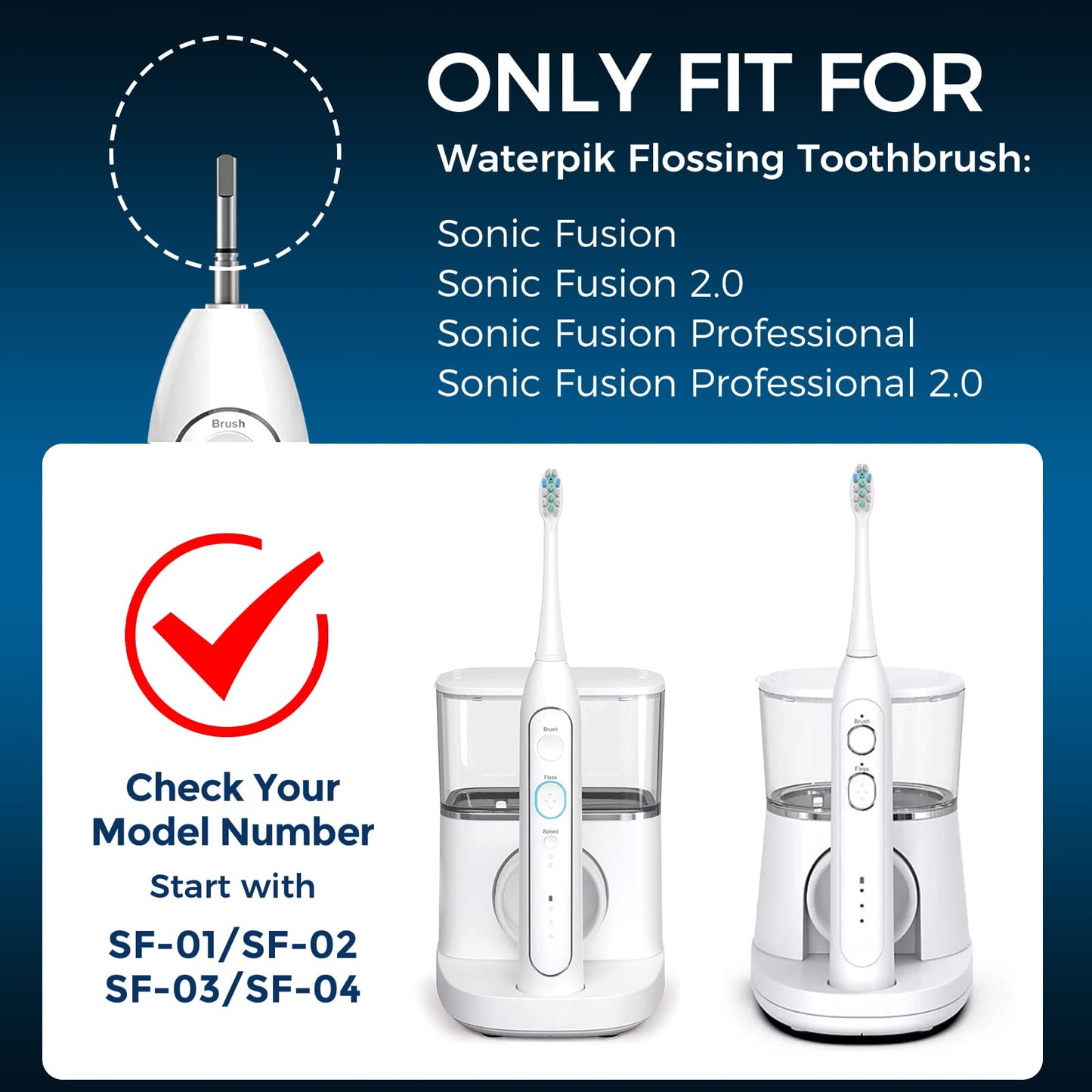 6 Pack FitMount Toothbrush Replacement Heads Compatible with WaterPik Sonic Fusion 2.0, FitMount Flossing Brush Head Fit for Water-Pic SF-01 SF-02 and 2.0 SF-03 SF-04