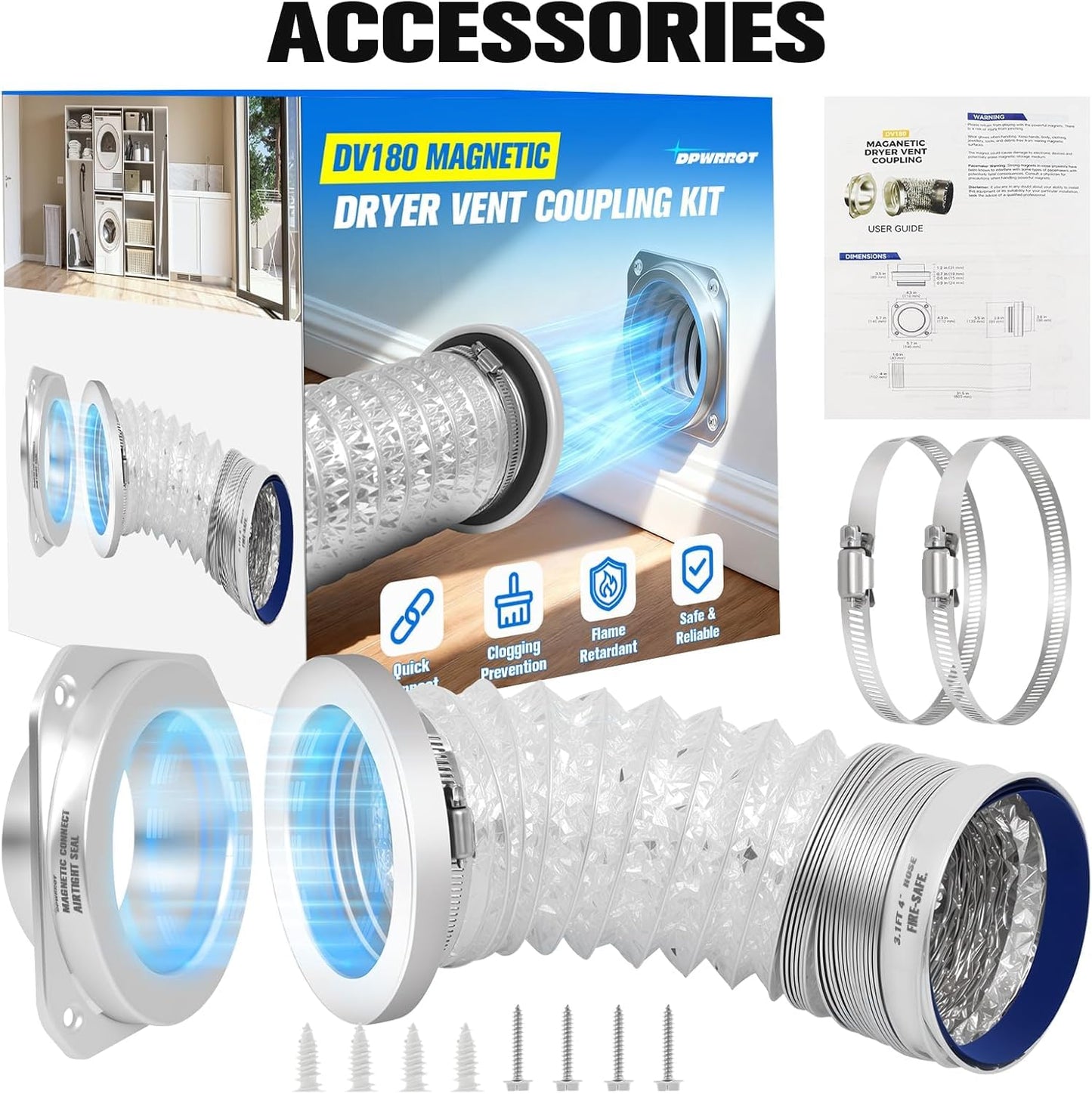 Upgrade Magnetic Dryer Vent Coupling Kit DV180, Magnetic Dryer Vent Connector with Airtight EPDM Seal Ring 3.1Ft 4" Duct, Quick Connector & Release Design for Easy Cleaning & Installation