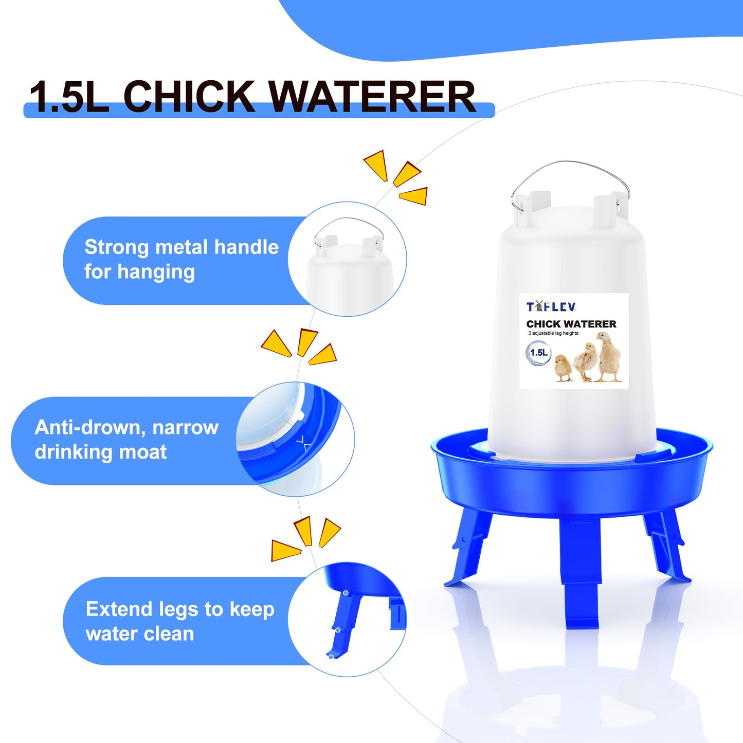 Tiflev Top Filling Chicks Feeder and Waterer Set with Scoop, 1.5L Chick Feeder and 1.5L Chick Waterer with 3 Heights Adjustable Legs for Chicks