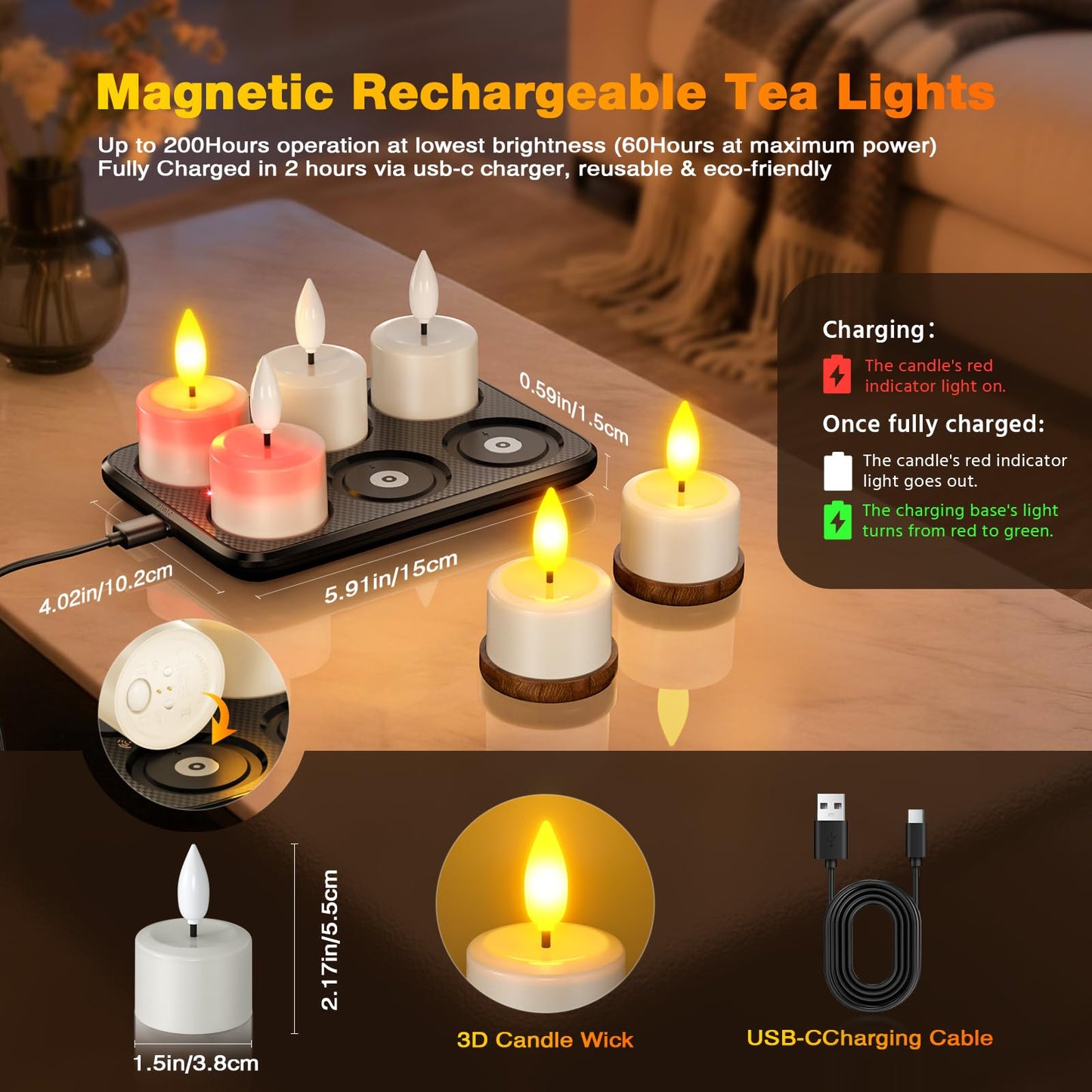 Yme Rechargeable Flameless Tea Lights Candles with Remote & Magnetic Charging Base, 6pcs Waterproof Battery Operated LED Flickering Votive Candles with Timer for Home Halloween Christmas Party Decor
